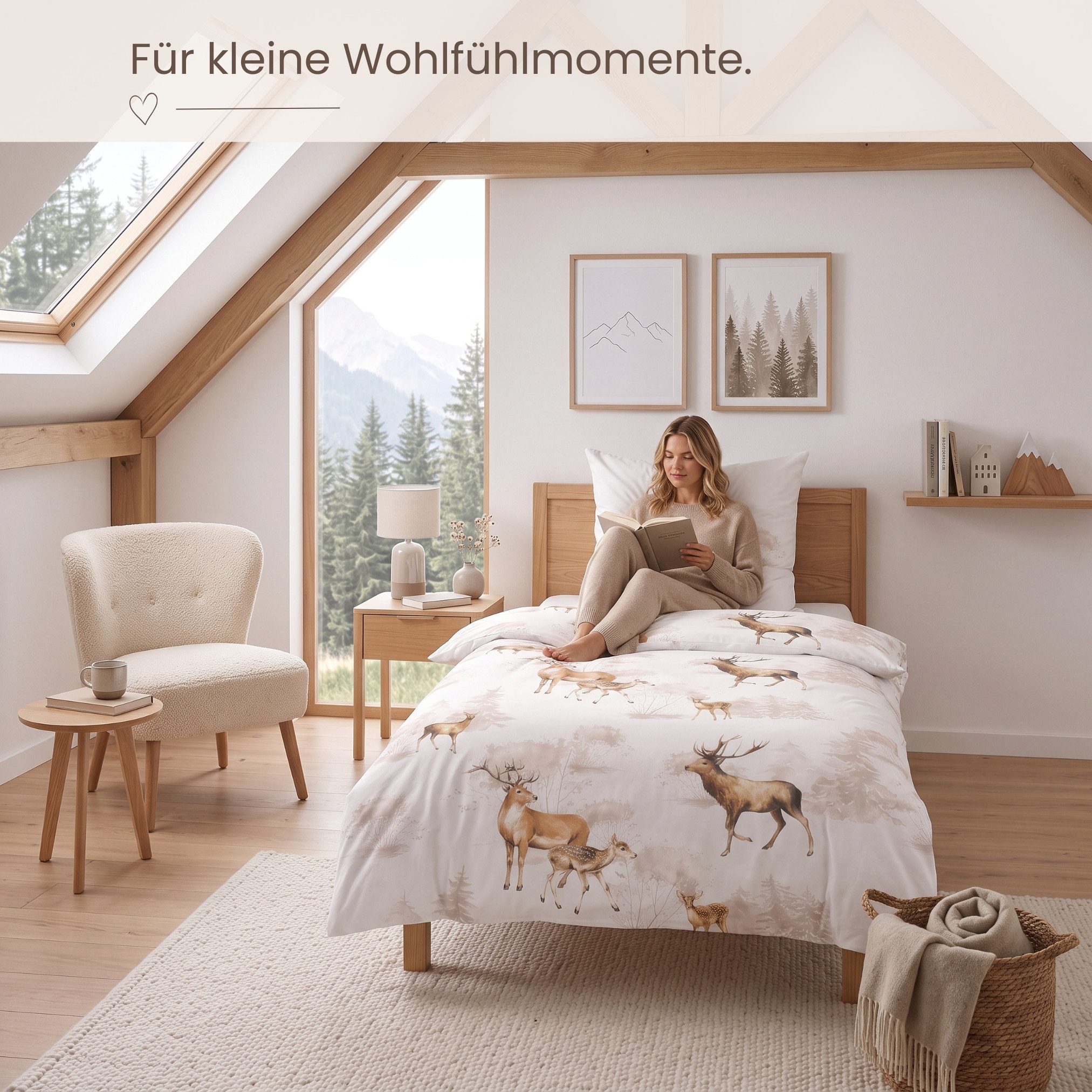 MTOnlinehandel Bettwäsche Waldgeflüster 135x200 cm Renforcé, Hirsch & Reh, 100% Baumwolle, 2 teilig, Harmonisches Naturdesign in sanften Farbtönen