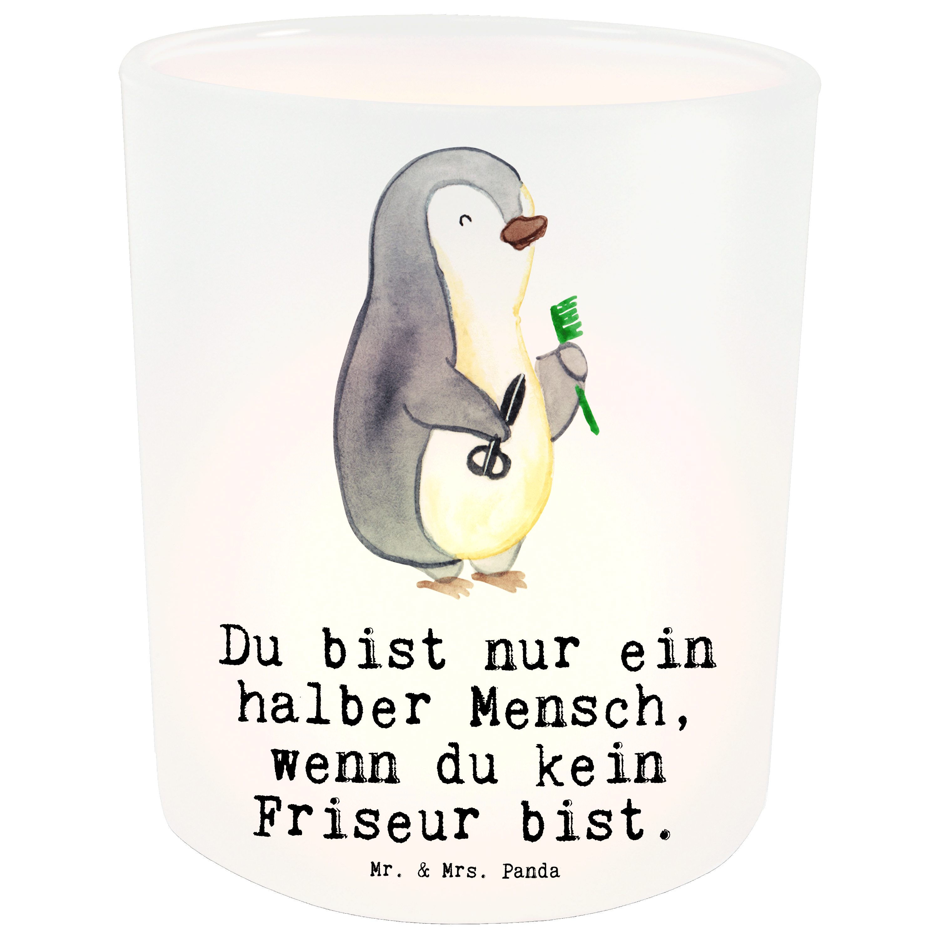 Mr. & Mrs. Panda Windlicht Friseur mit Herz - Transparent - Geschenk, Danke, Teelichthalter, Erö (1 St)