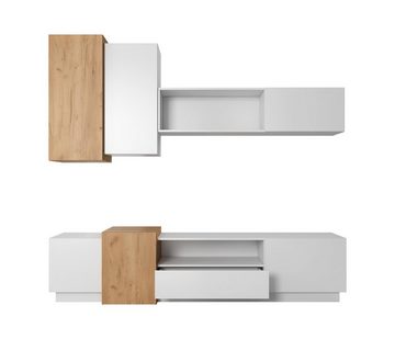 Furnix Wohnwand GLANCI 4-teilige Mediawand, Möbelwand in Weiß-Goldene Craft Eiche, (Set, TV-Schrank, 2 Hängeschränke, 1 Wandregalschrank), flexibel zusammenstellbar