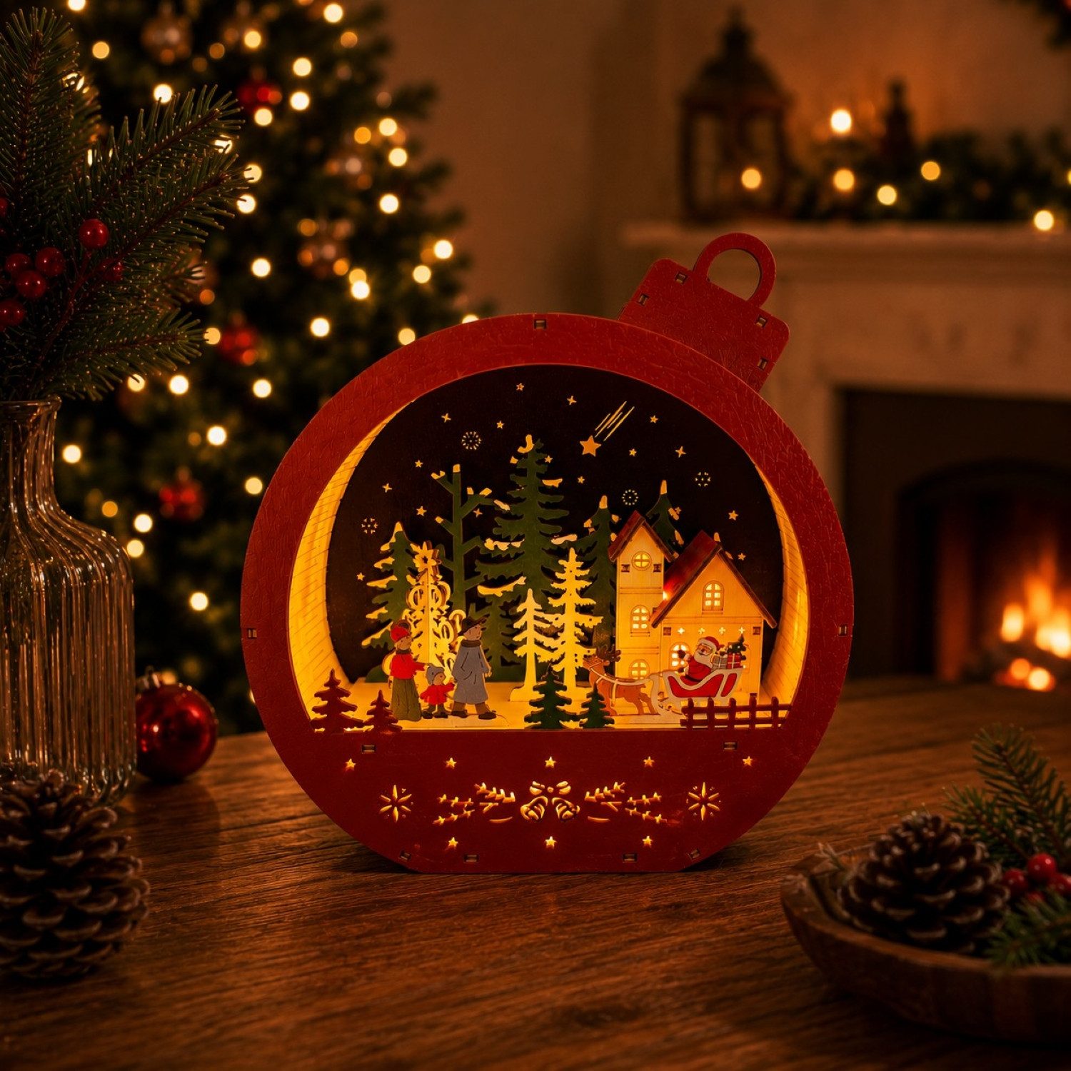 Online-Fuchs Weihnachtsdorf in einer großen Weihnachtskugel aus Holz mit LED-Beleuchtung - Deko, inklusive praktischer 6-Stunden Timerfunktion