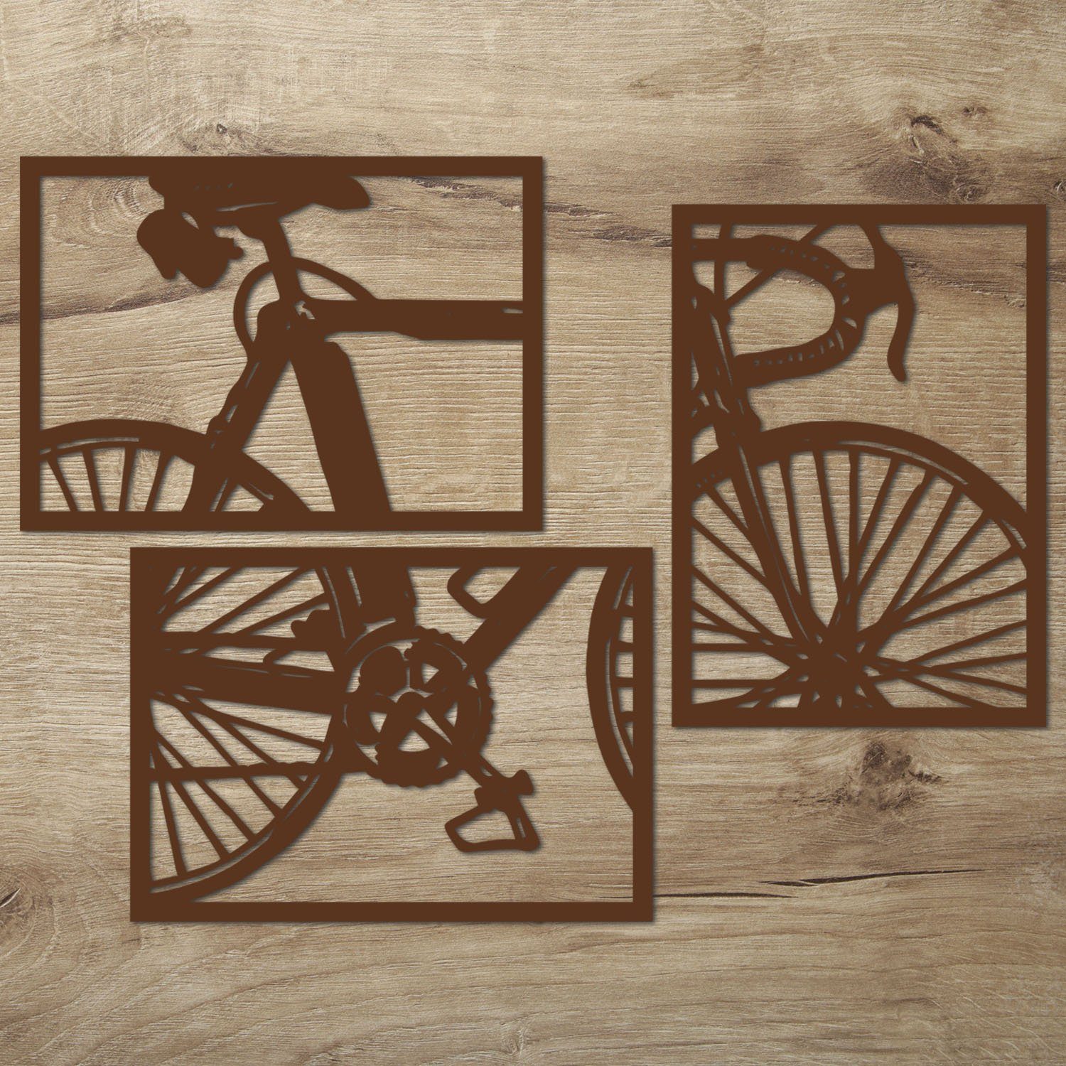 Namofactur Wanddekoobjekt XXL Fahrrad Wandbild aus Holz (3-teilig), Außergewöhnliches Holz-Wandtattoo für Dein zuhause Braun