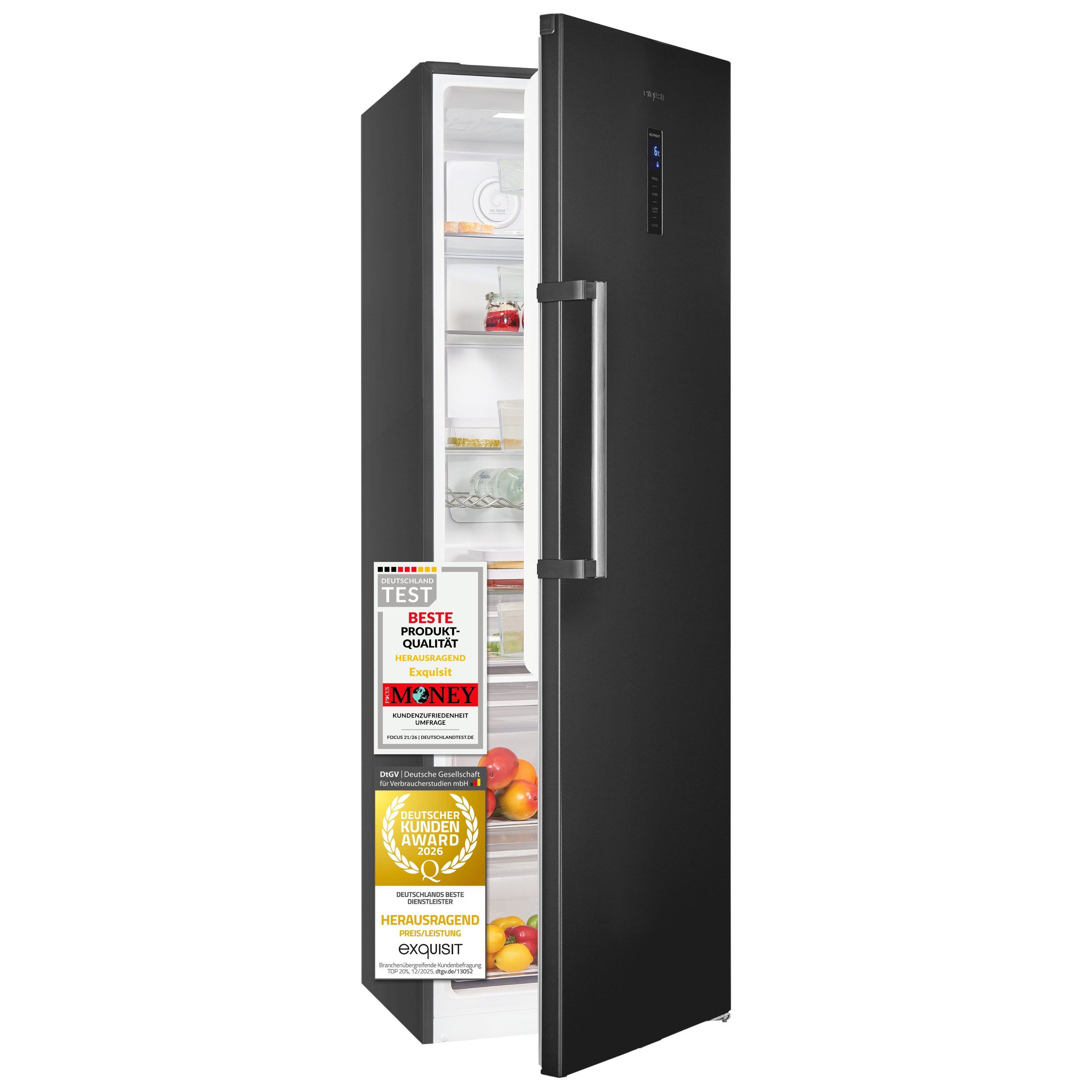 exquisit Vollraumkühlschrank KS5360-V-HE-040C inoxlook, 185 cm hoch, 60 cm breit, 359 l Nutzinhalt, LED Beleuchtung, 4 Ablagen, Energieklasse C