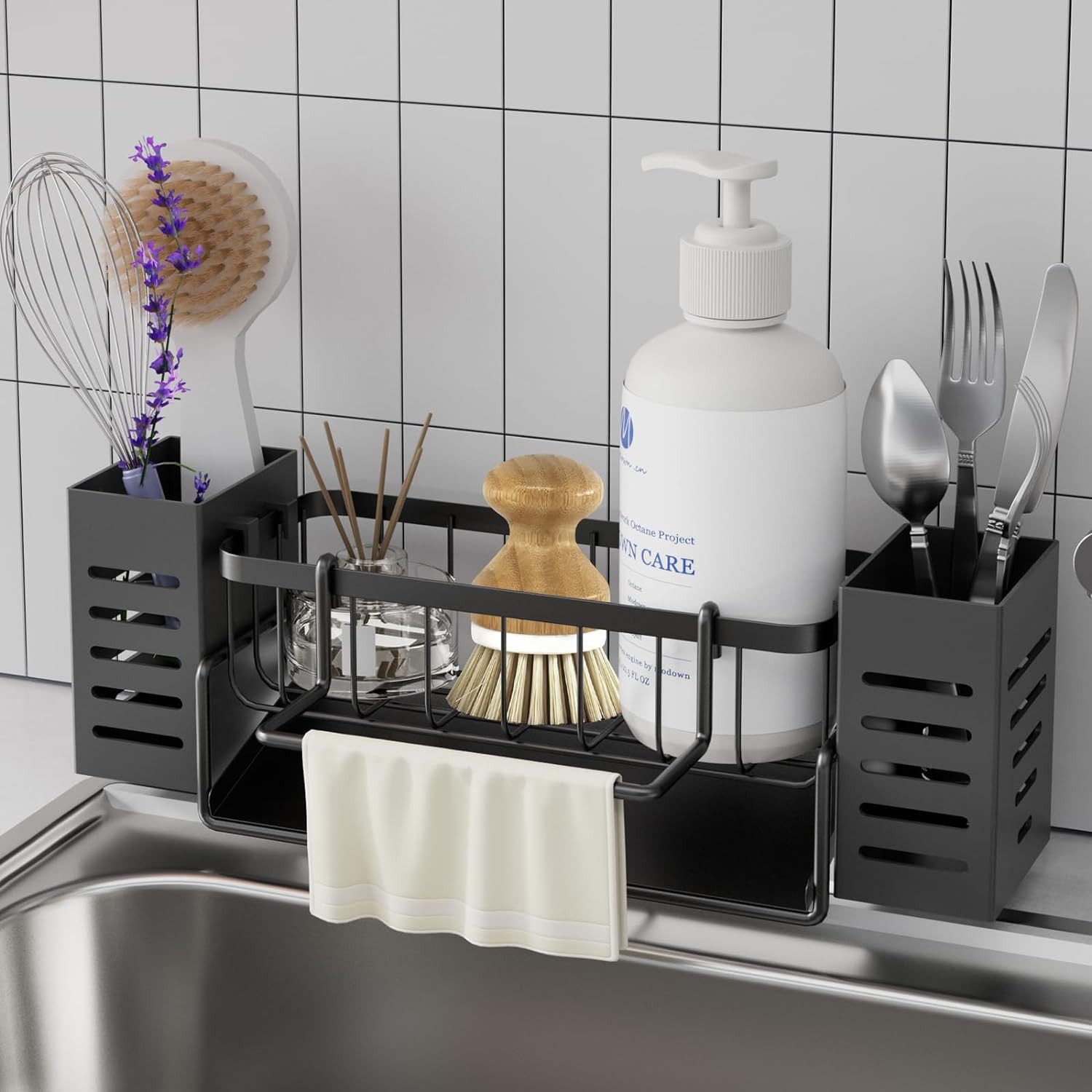 BlingBin Küchenorganizer-Set Spülbecken Organizer mit 2 Stäbchenhaltern und Abflusspfanne, (1er Set, 1-tlg., 1pcs), Mit Handtuchhalter und Aufbewahrungsbox für Spülbürsten