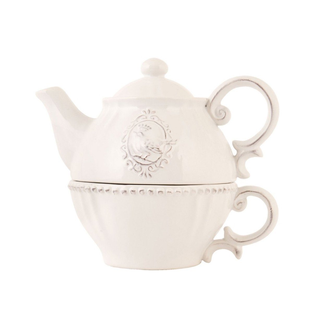 Clayre & Eef Teekanne TEA FOR ONE 400 ML Beige KERAMIK VÖGEL RUND TEEKANNEN SET TEESET