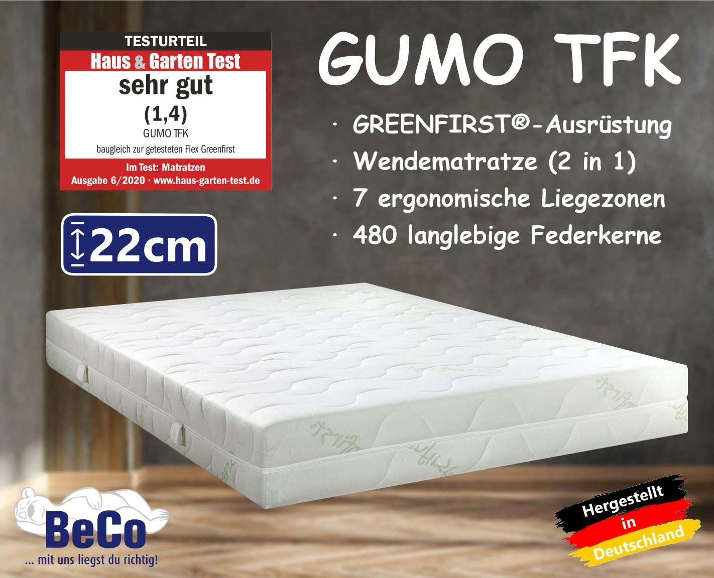 Taschenfederkernmatratze GUMO TFK, Beco, 22 cm hoch, komfortable Matratze  in 90x200, 140x200 cm und weiteren Größen