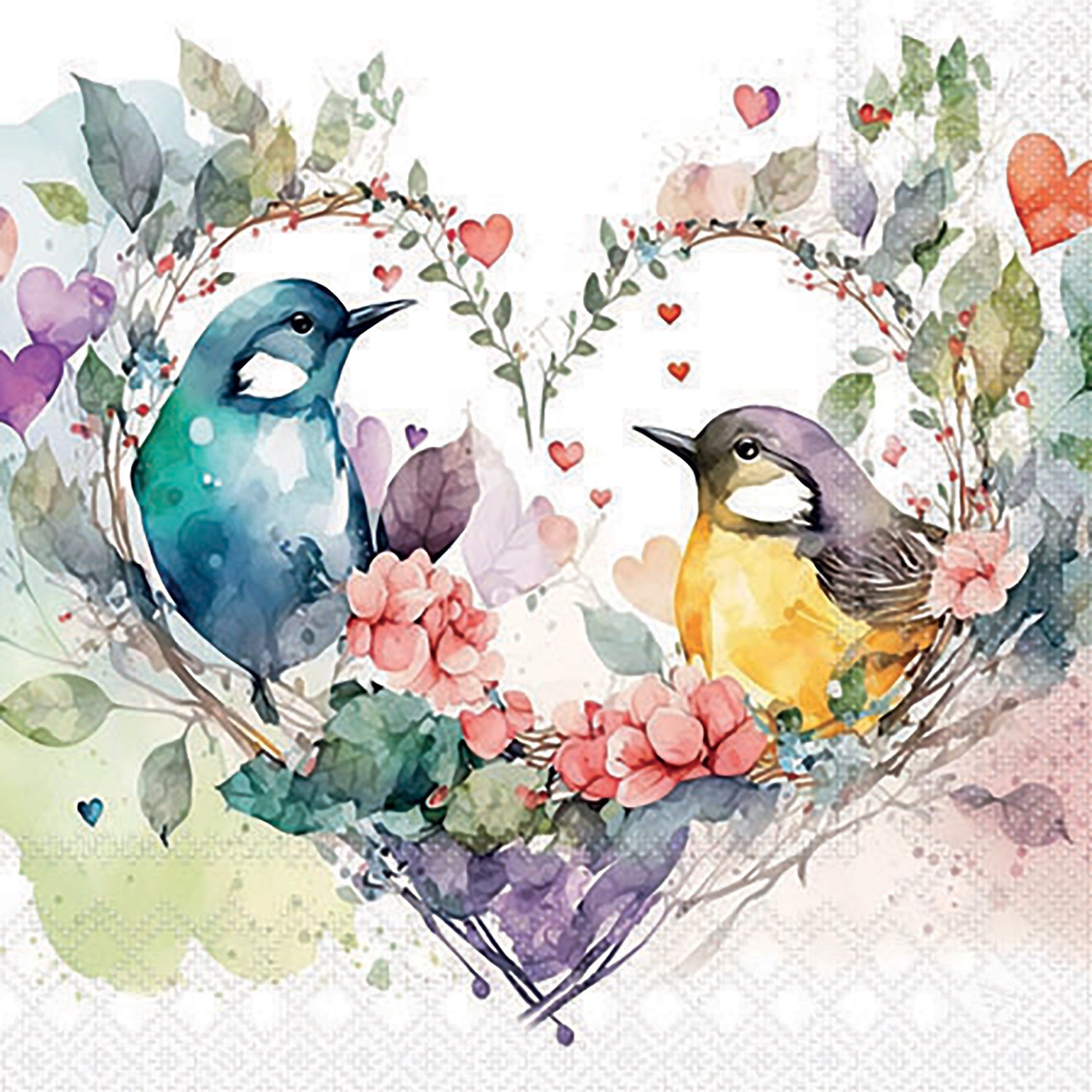 Ambiente Luxury Paper Products Papierserviette, Servietten Papier 25x25cm 3-lagig Vogelpärchen in einem Herz 20 Stück
