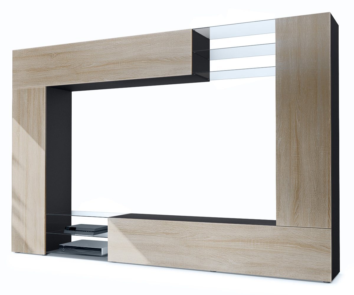 Vladon Wohnwand Mirage, (Anbauwand mit Rückwand mit 2 Türen, 4-St., 2 Klappen und 6 offenen Glasablagen), Schwarz matt/Eiche Sägegrau (262 x 183 x 39 cm) Front in Eiche sägerau