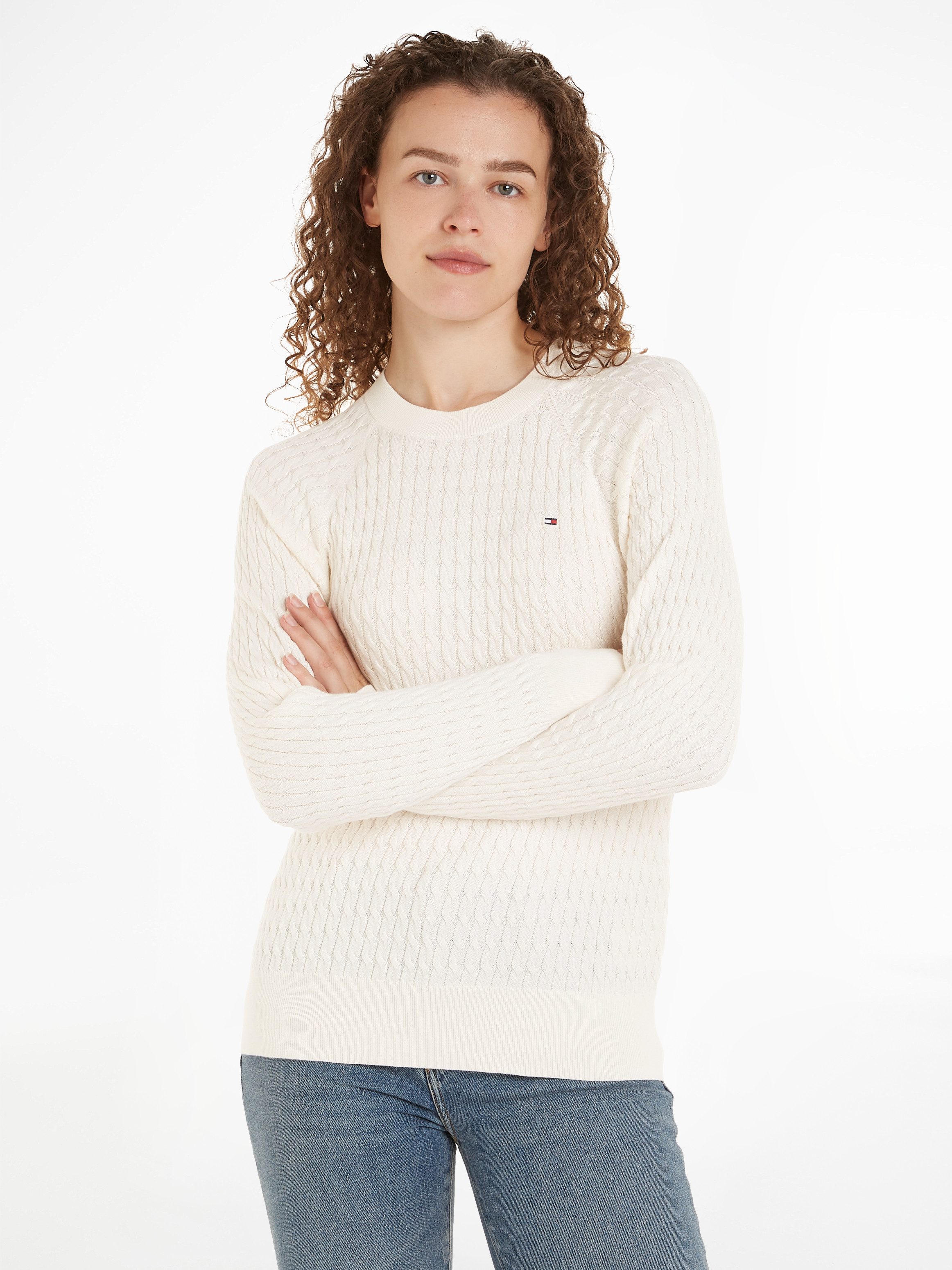 Tommy Hilfiger Rundhalspullover CO CABLE C-NK SWEATER mit Zopfmuster