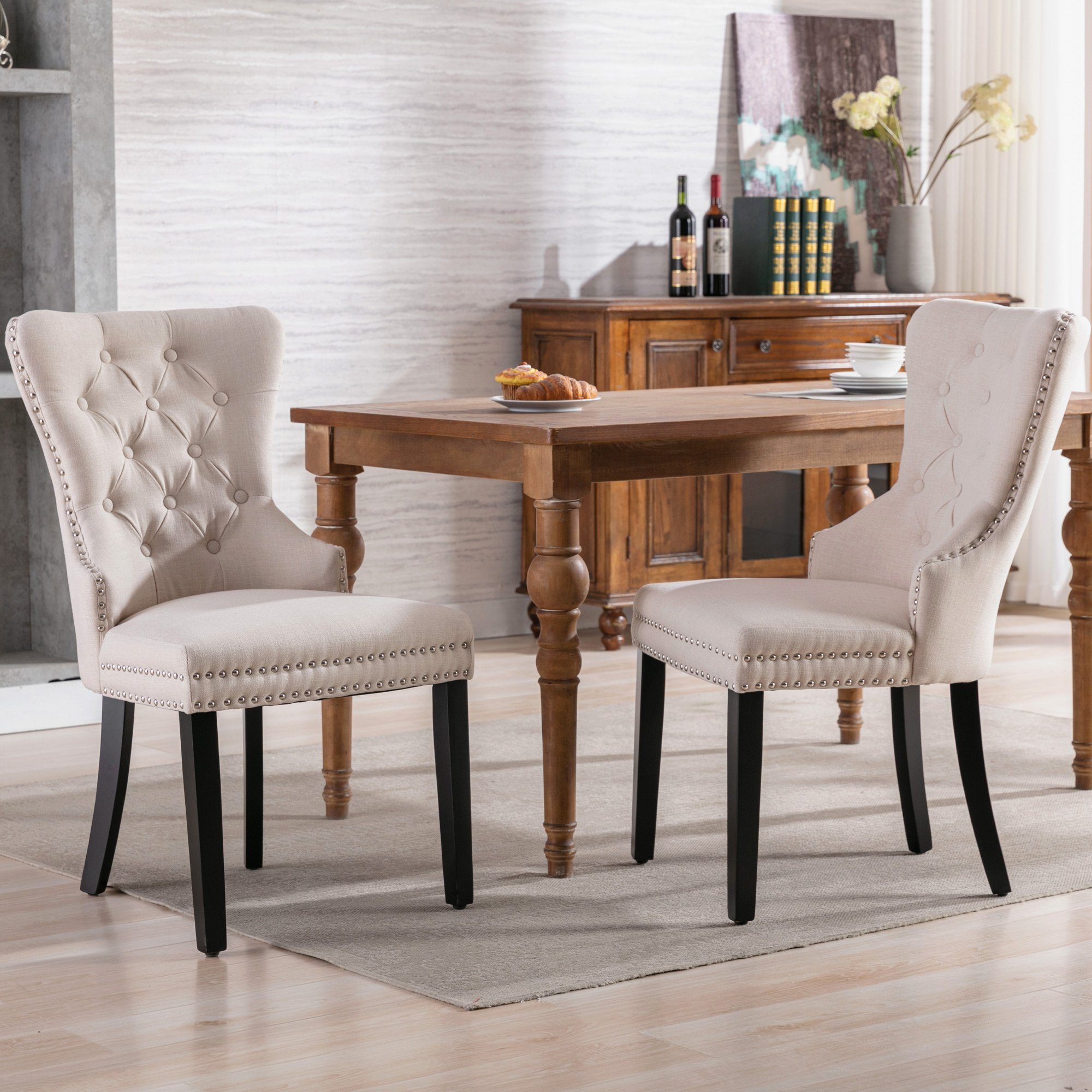 Ulife Stuhl mit Eichenbeinen, Knopf, Chromklopfer und Nagelkopfbesatz (2 St), Küchenstuhl Wohnzimmer Lounge Freizeitstuhl Beige