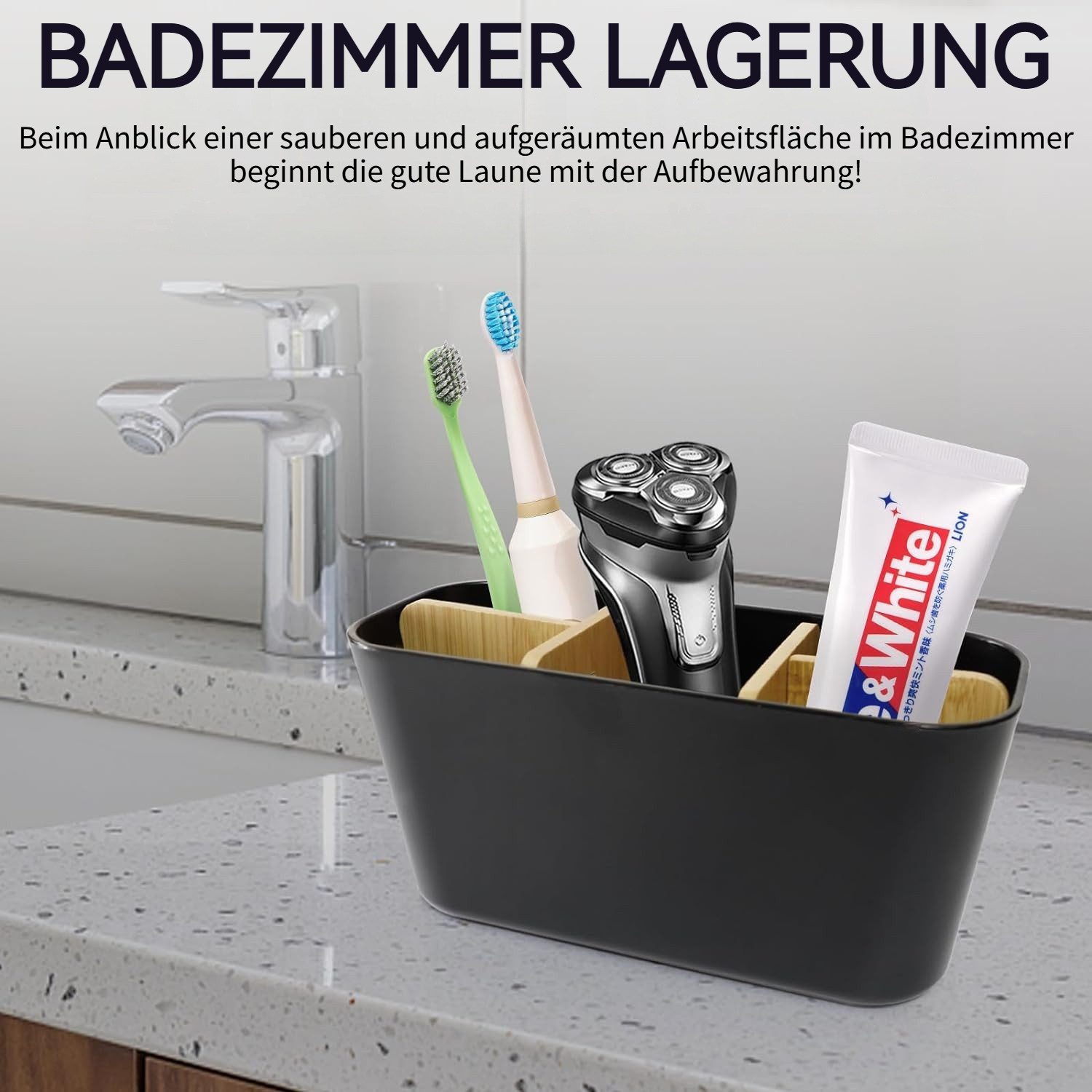 BlingBin Zahnbürstenhalter Bambus Trennwände Toothbrush Holder Badezimmer Organizer, (1er Set, 1-St., 1pcs), mit 4 Zahnbürstenfächer + 1 Zahnpastafach Geeignet  – Bild 5 von 5