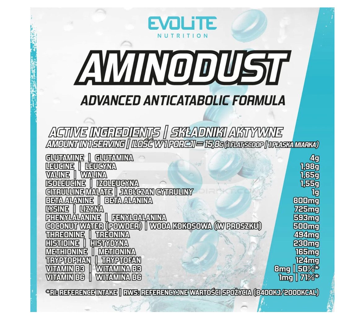 Evolite Nutrition EVOLITE® AMINODUST Vitamine Aminosäuren 474g Pulver EAA Pulver, 1 er Einzelpackung à 1 St., 474 g, EAA und BCAA, Vitamine enthalten. In Pulveform