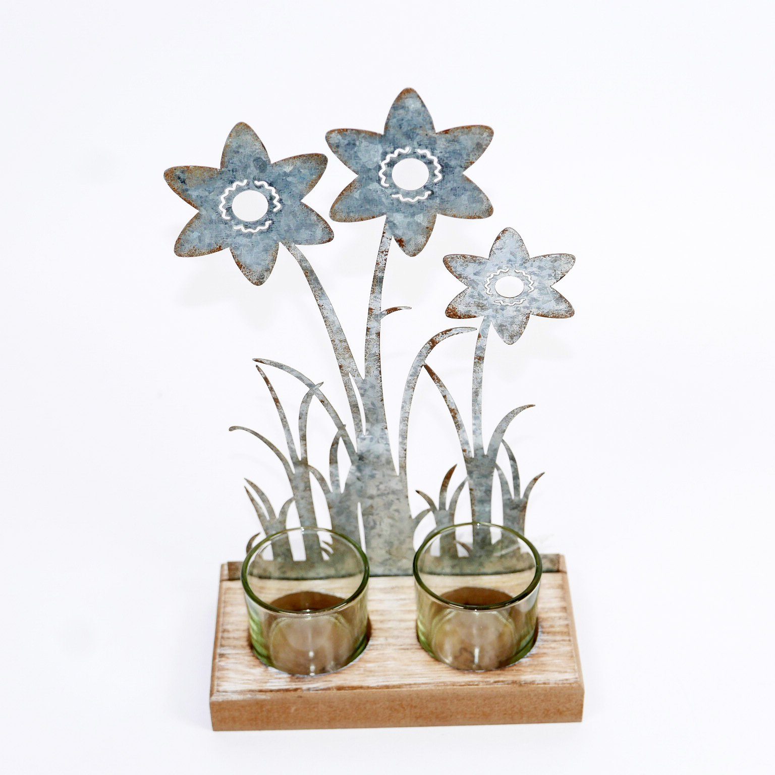 B&S Teelichthalter Teelichtglas 2er auf Holzsockel - Blumenverzierung aus Metall H 23 cm