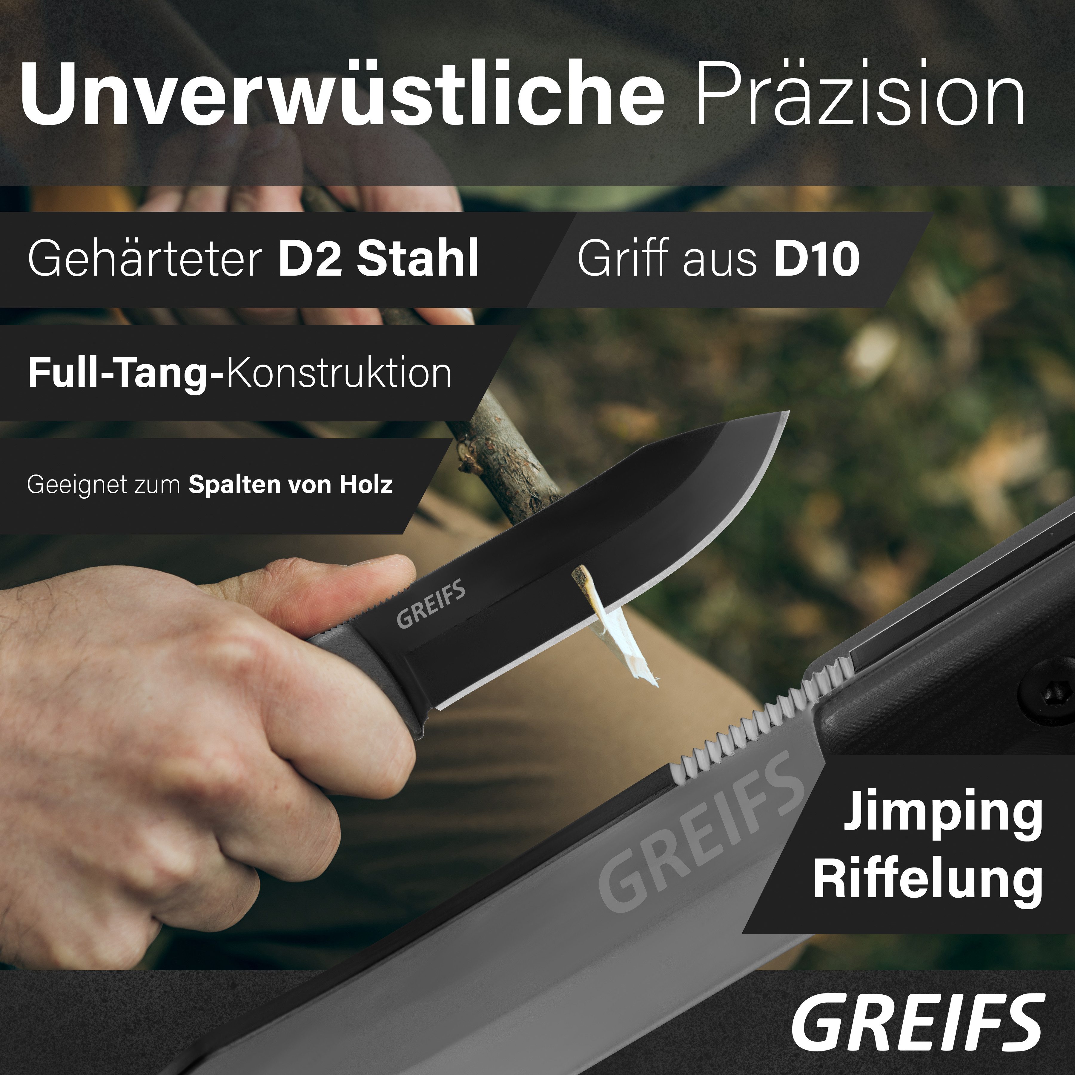 GREIFS Fahrtenmesser Outdoor-Messer MILAN aus D2 Stahl, Kydex Holster und Feuerstahl, black