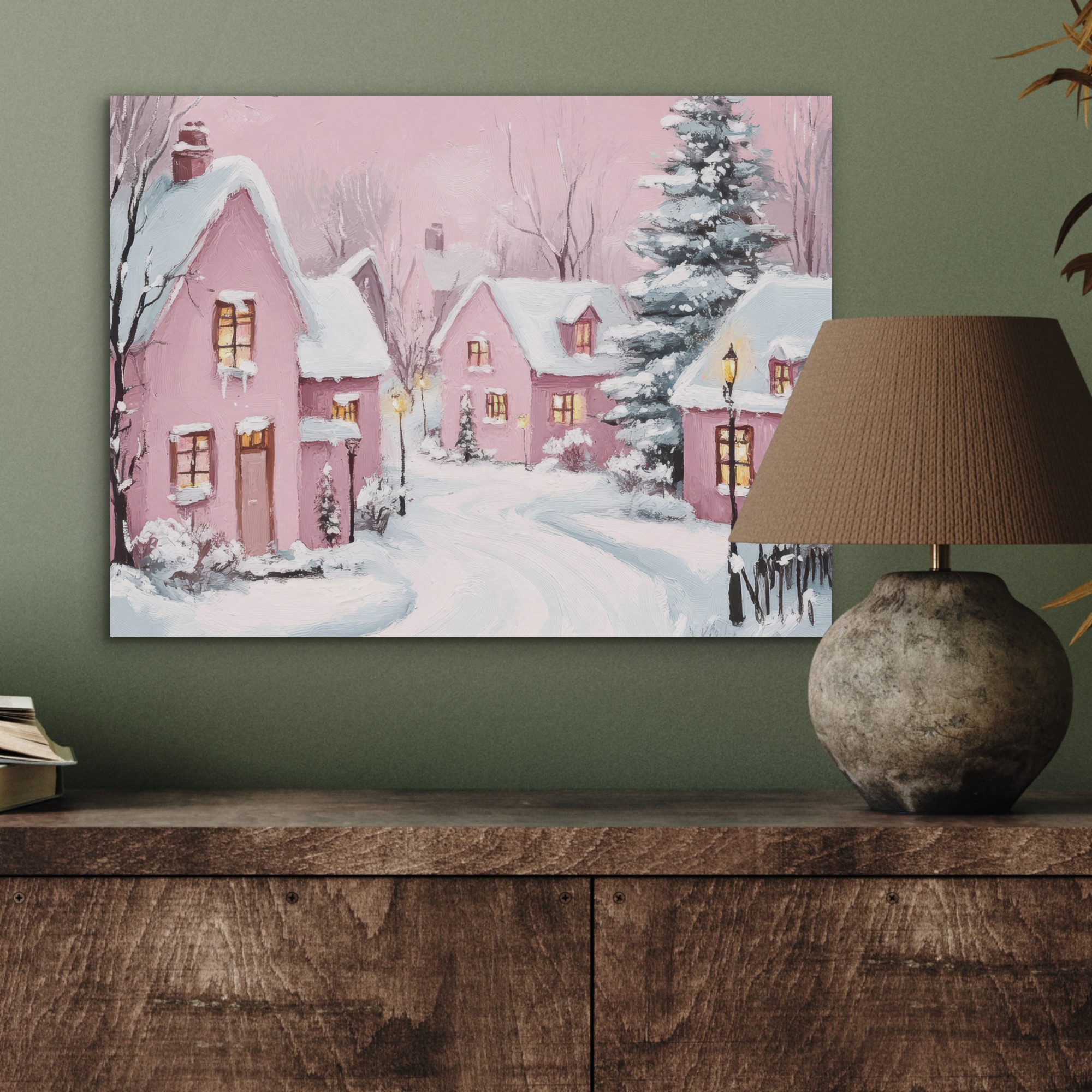 MuchoWow Gemälde Weihnachtsdorf - Rosa - Winter - Schnee - Häuser, Fotodruck (1 St), Akustikpaneele PET-Filz, Akustikbild, Schalldämmung, Deko 40x30 cm