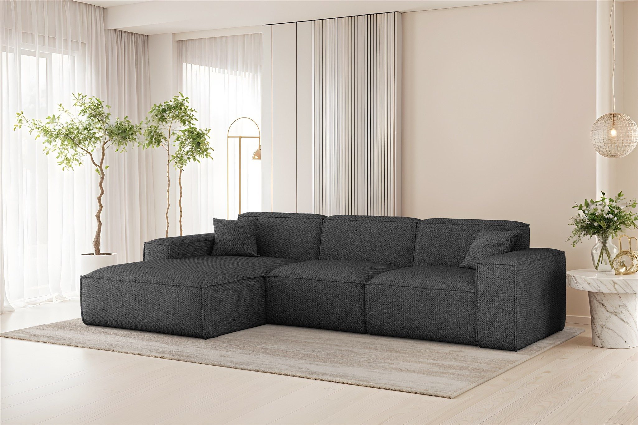 Fun Möbel Ecksofa Designersofa CELES PREMIUM in Stoff Artico (266cm x 165cm), Rundumbezug, inkl. 2 Zierkissen