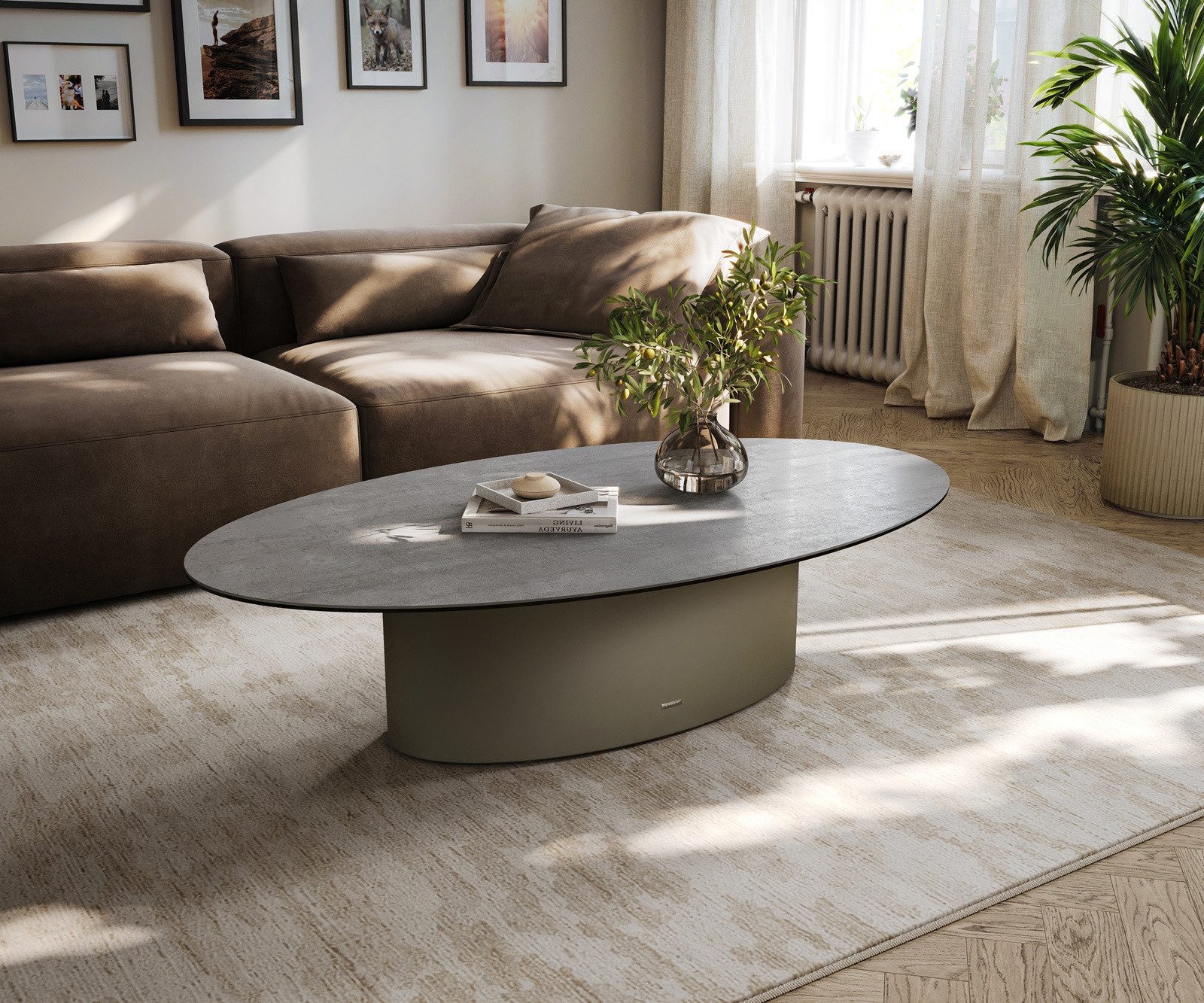 DELIFE Couchtisch Edge, Oval 135x80 cm Keramik Beton Grau Casilda Effektfinish Titan