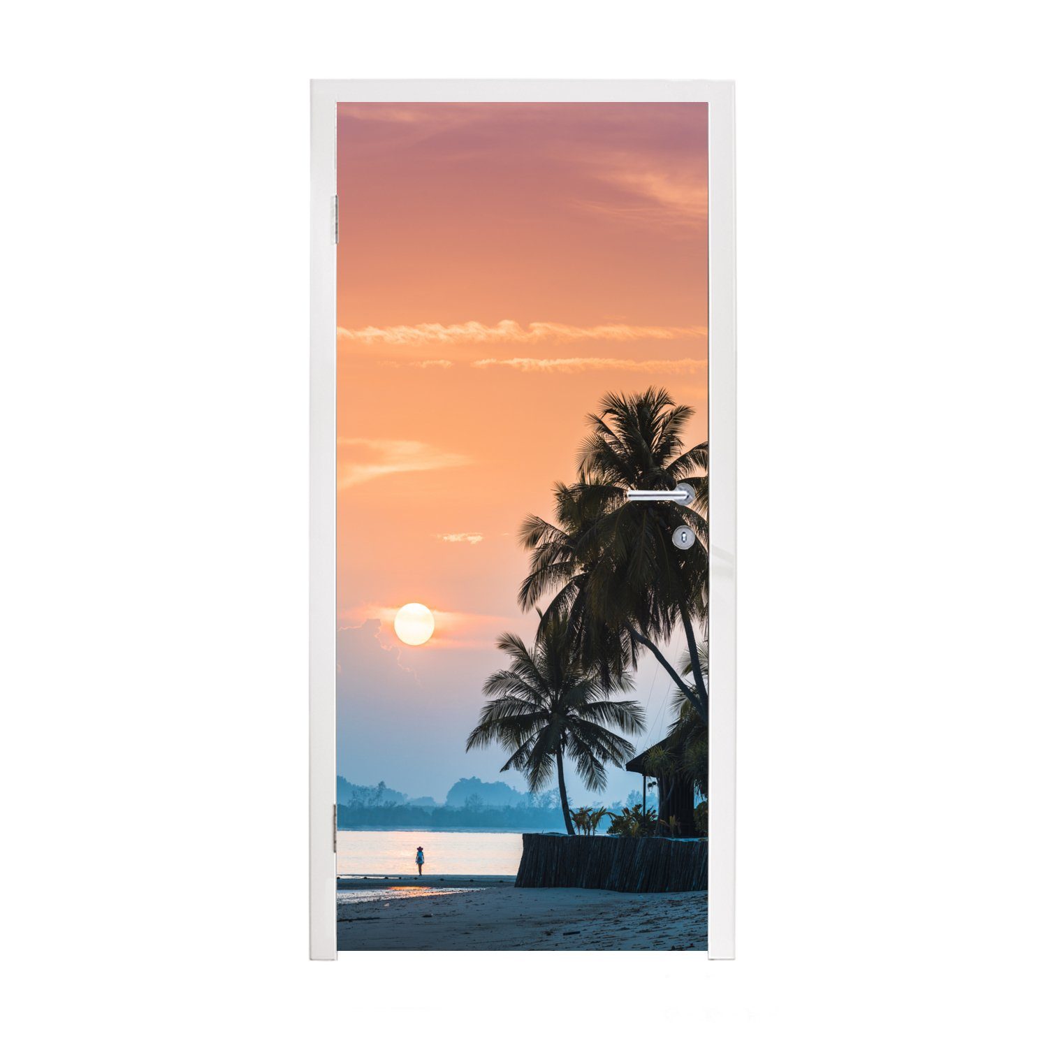 MuchoWow Türtapete Sonnenuntergang auf einer Insel mit den Silhouetten von Palmen, Matt, bedruckt, (1 St), Fototapete für Tür, Türaufkleber, 75x205 cm
