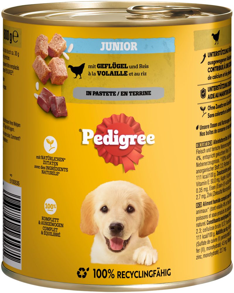 Pedigree PEDIGREE® Dose Junior mit Geflügel in Pastete 800g, Nassfutter für: Hunde