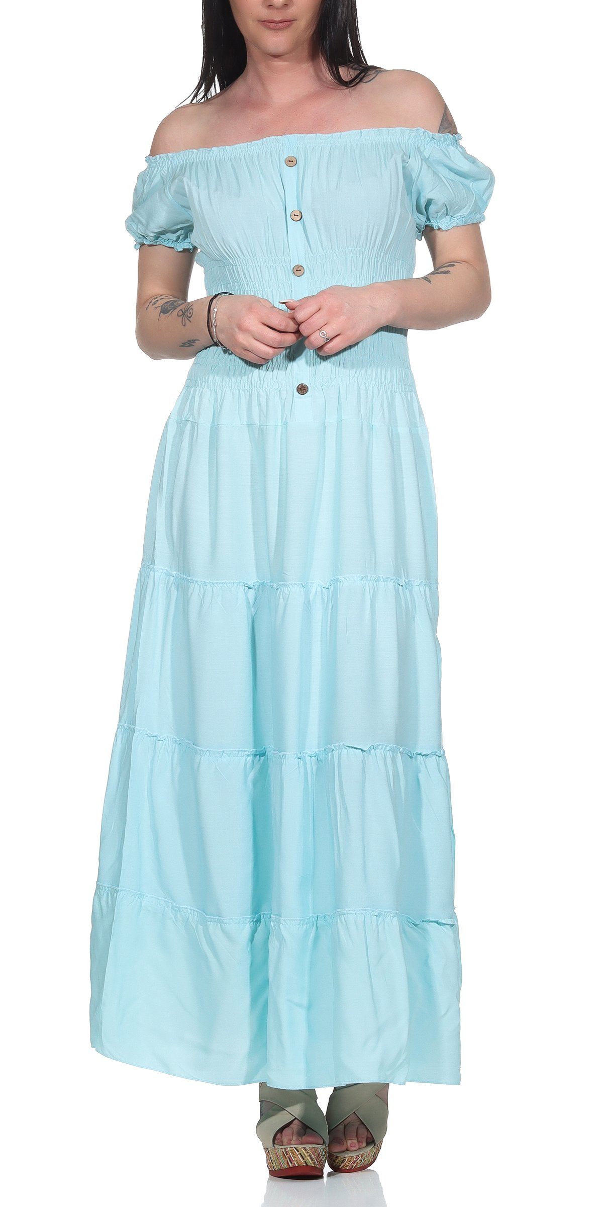 Aurela Damenmode Strandkleid Ausschnitt - einfarbig Damen Rundhals Carmen- Türkis 132 Kleider lang Kleider Sommer 135cm, möglich Gesamtlänge: elegant oder