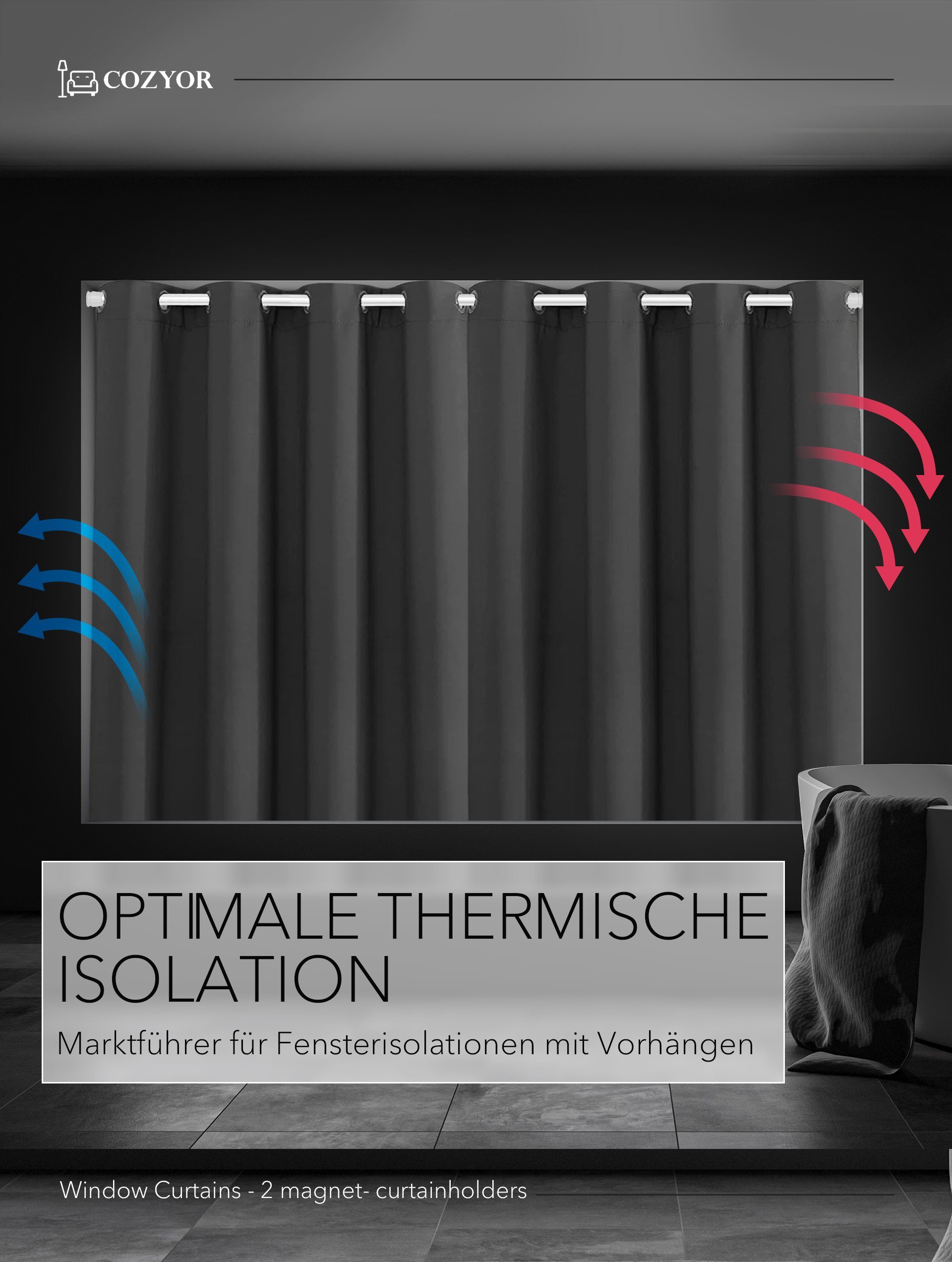 Cozyor Vorhang Set mit 2x Gardine + 2x Vorhanghalter + 1x Gardinenstange ohne Bohren (2 St), Ösen, verdunkelnd, Polyester, blickdicht anthrazit Nebula, Thermo G – Bild 5 von 5