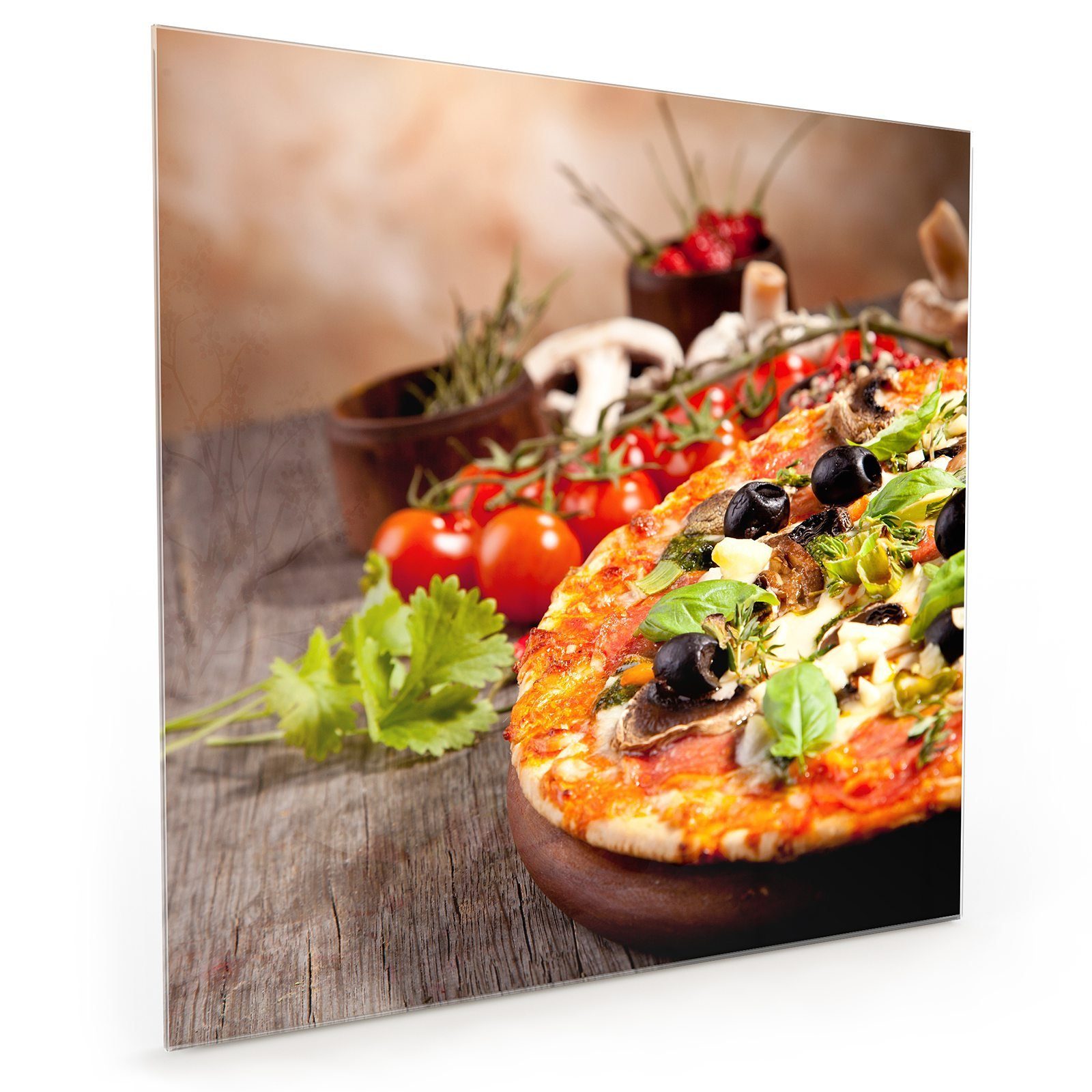 Primedeco Küchenrückwand Spritzschutz Glas Pizza Napoli mit Basilikum
