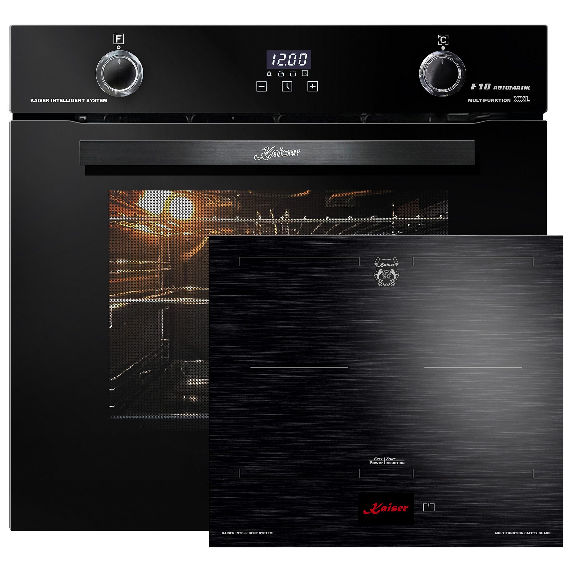 Kaiser Küchengeräte Backofen-Set Herd Set Autark Schwarzer Einbau Backofen 79L Drehknebel 60 cm mit Induktionskochfeld 60 cm FREE ZONE mit 2 FLEX Induktions-Zonen TFT Display EH 6367+KCT 6140 FI, mit 1-fach-Teleskopauszug, Katalytische Selbstreinigung