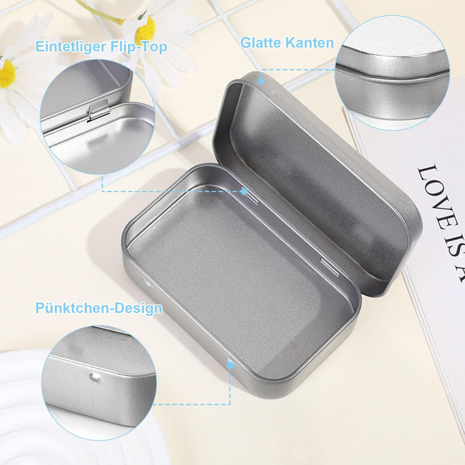FOUORTUNATE-BEE Aufbewahrungsbox 4 Stück Metall-Aufbewahrungsbox Tragbare Mini-Silberne Metallbox (Blechdosen mit Deckel Rechteckig Rostfrei Minibox Aufbewahrungsbox, 4 St., 9.5×6.0×2.2cm), für Münzen, Süßigkeiten, Schlüsseletc,Kleinen Gegenständen