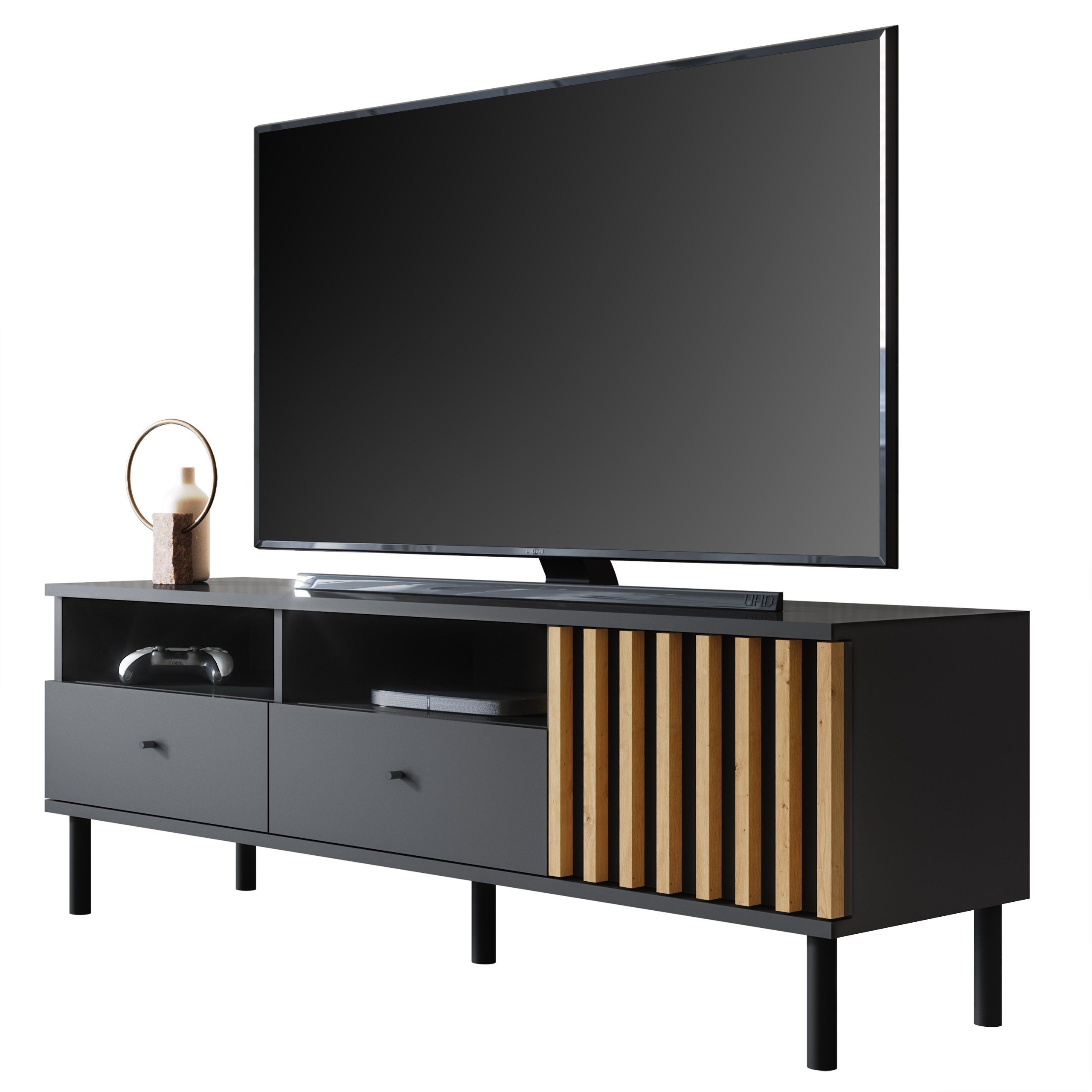 Newroom Lowboard Schwarz 138 cm, TV Board Wandpaneel Schwarz Wildeiche Modern TV Schrank