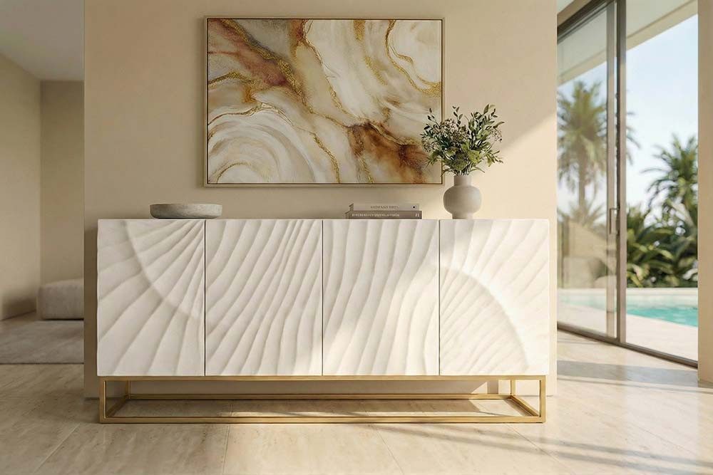 riess-ambiente Sideboard SCORPION 180cm weiß/gold - Mangoholz, Metall, 3D-Schnitzerei, Anrichte, Massivholz-Kommode mit 4 Fächern - ideal für Wohn- und Esszimme – Bild 5 von 5