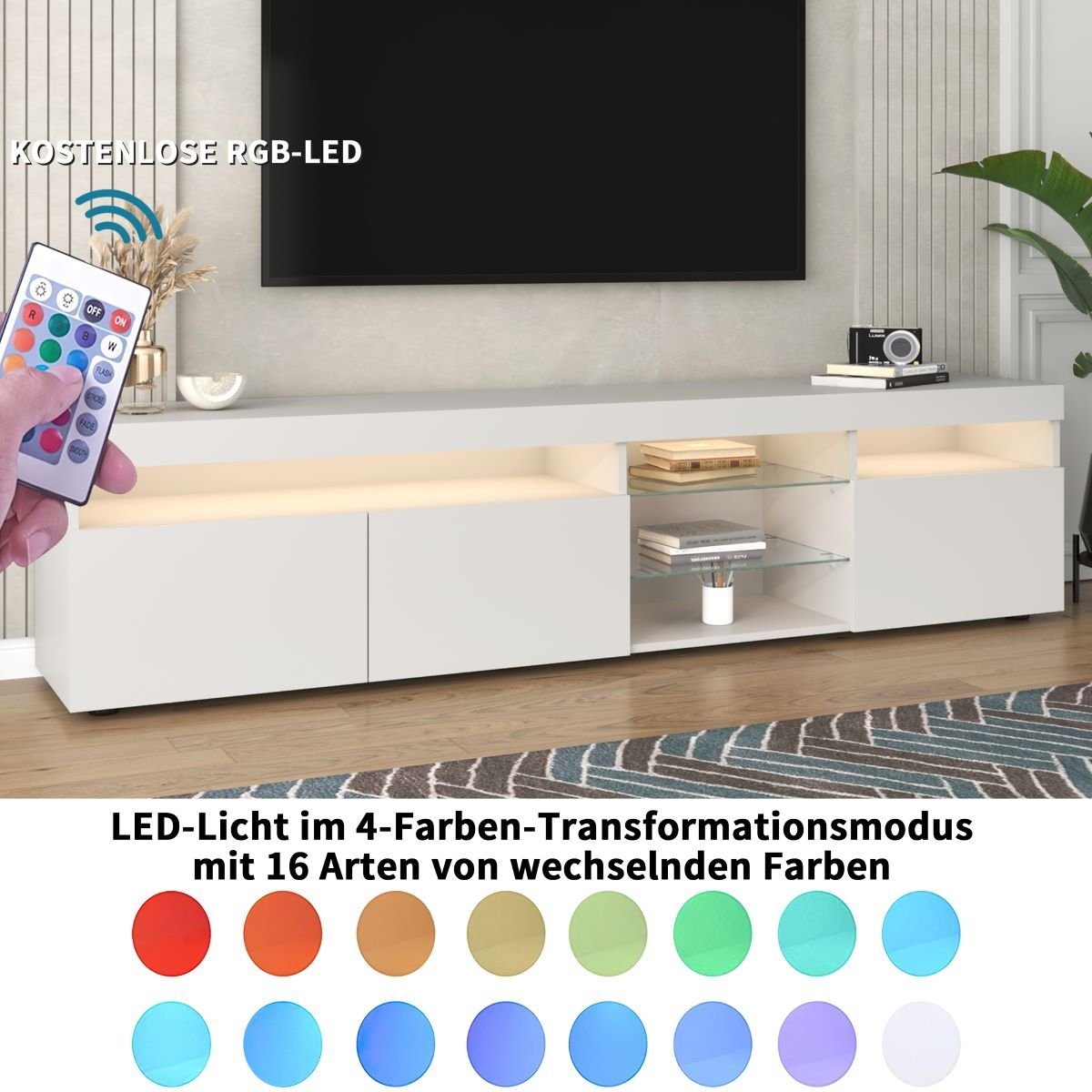 LED-Leuchten,8 TV-Schrank vierfarbigen Weiß 30kg) 180x35x45cm TV-Schrank, Fangqi mit Stauräume (maximal belastbar