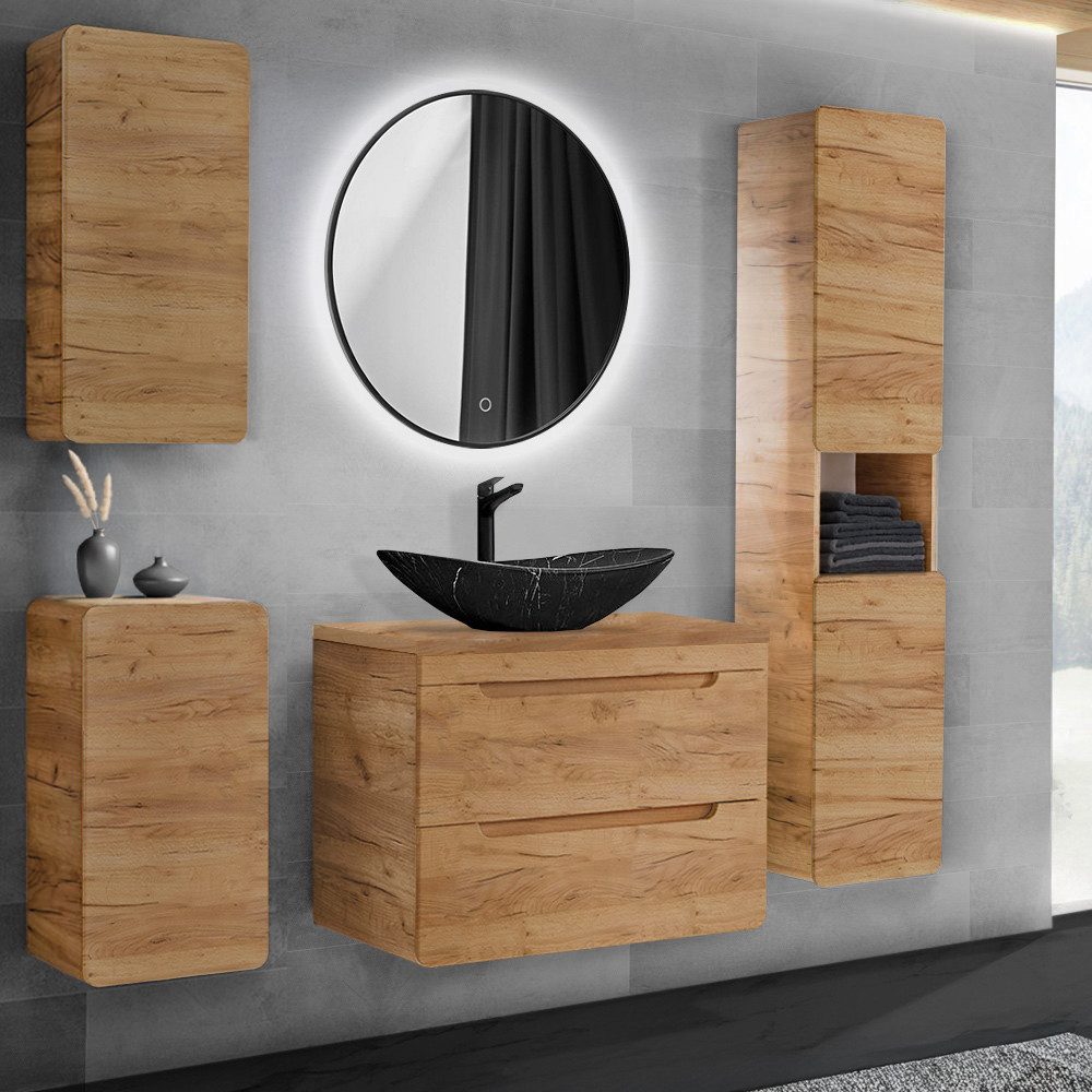 Lomadox Badmöbel-Set LUTON-56-CRAFT, (Spar-Set, 5-St., Hängeschrank Hochschrank Spiegel Unterschrank Waschtisch Waschbecken), Eiche Holzdekor 80 cm LED Beleuchtung modern