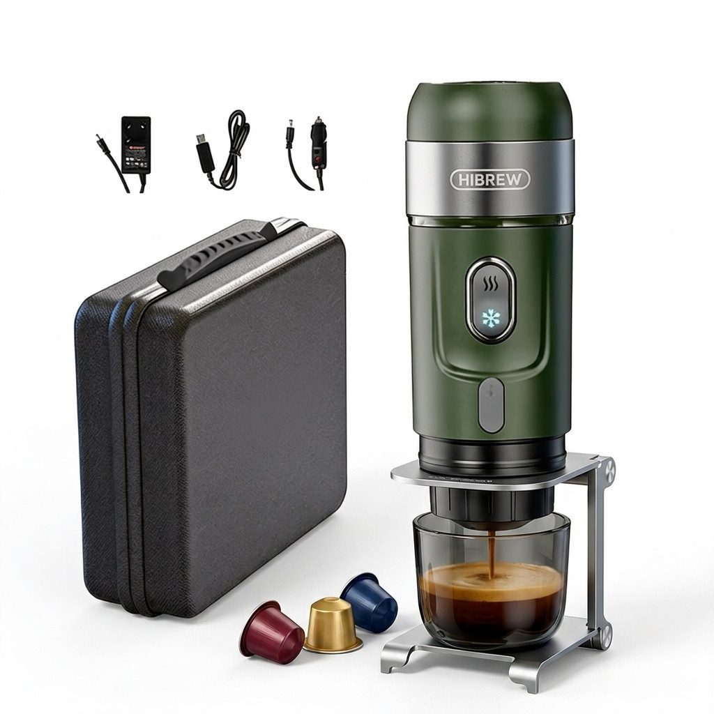 HiBREW Espressomaschine H4B_GN Tragbare Auto Espressomaschine 15 Bar, Edelstahlfilter, 1200mAh für Kapseln/Kaffeepulver Kaffeemaschine für Auto, Reise/Camp