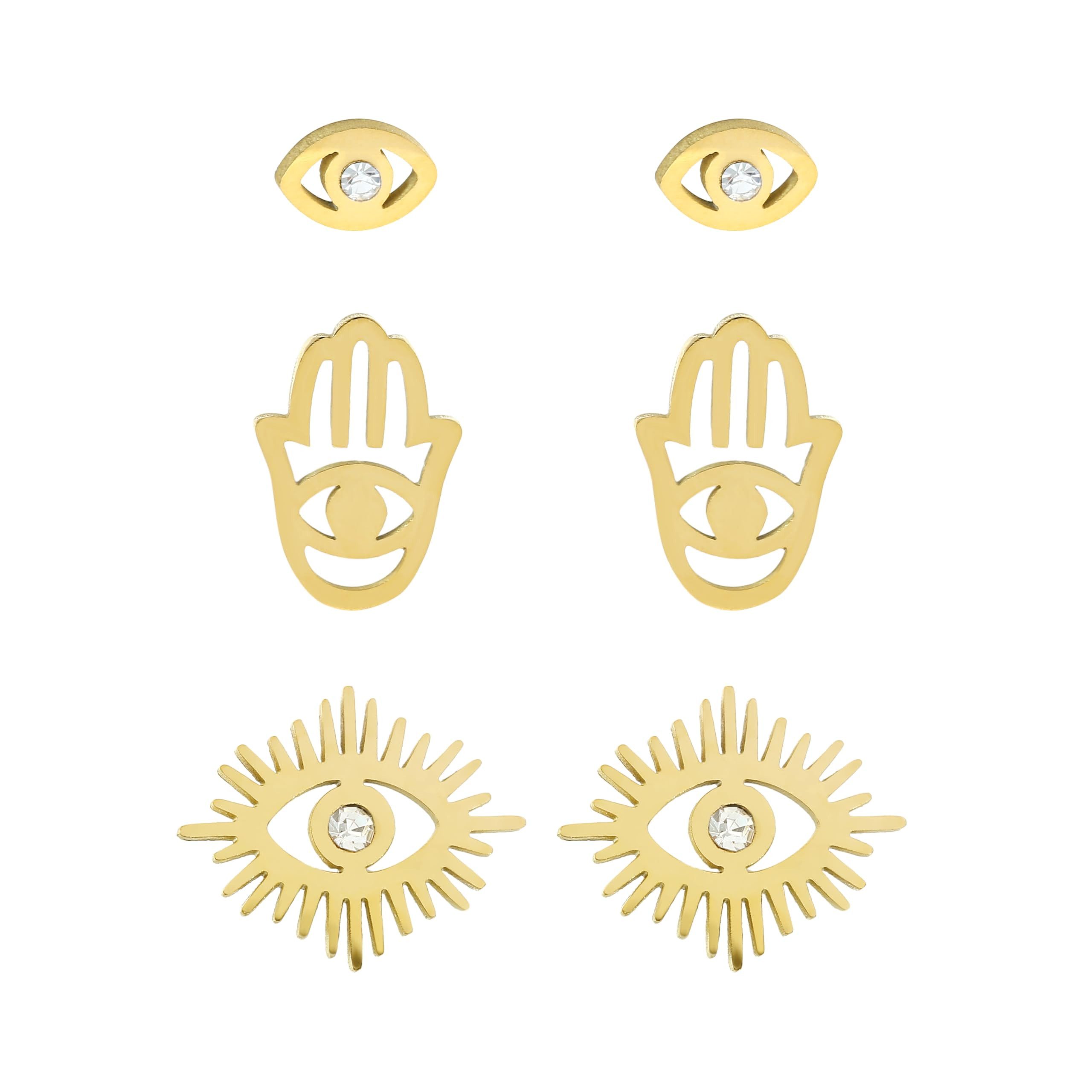 Made by Nami Ohrstecker-Set 3er Set Gold Ohrringe aus Chirurg. Edelstahl Wasserfester Schmuck, mit Hand der Fatima und Türkisches Auge - Nazar Boncuk – Bild 5 von 5
