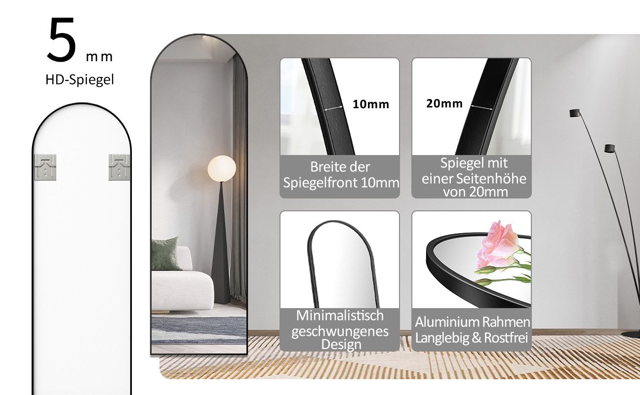 WDWRITTI Wandspiegel groß für Friseurladen Hotel Garderobe & Flur Schlafzimmer Wohnzimmer (Spiegel Schwarz Weiß, 1-St., 180x80, 160x50, 150x50), Alurahmen, 5mm HD Umweltschutz Spiegel, Explosionsgeschutz