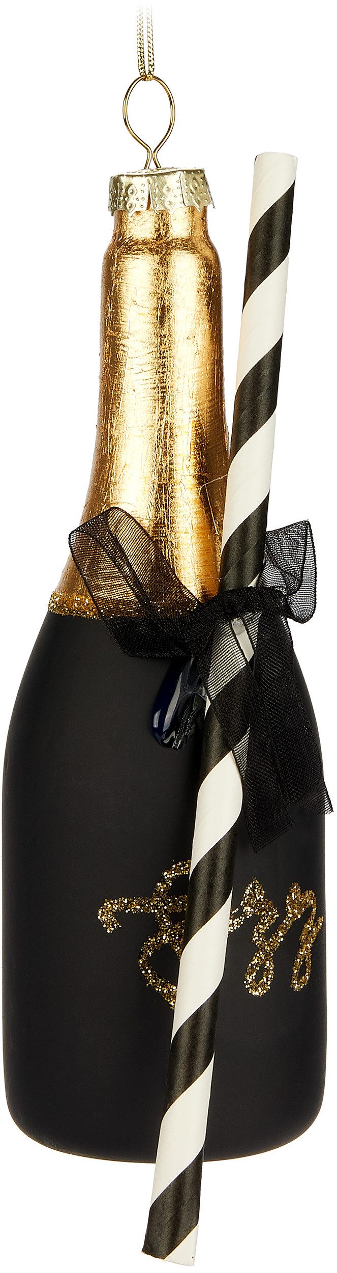 BRUBAKER Weihnachtsbaumkugel Champagner Flasche mit Strohhalm Weihnachtskugel aus Glas (1 St), 16 cm Baumkugel Matt Schwarz Gold - Christbaumschmuck - Handbemalt