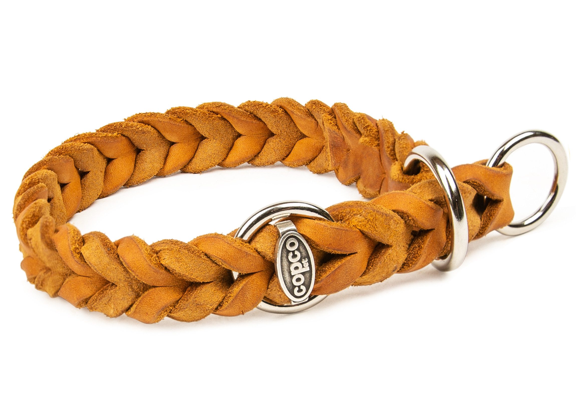 CopcoPet Hunde-Halsband Fettlederhalsband mit Zugstopp Ring, Verchromt, Leder, Geflochten, Handarbeit