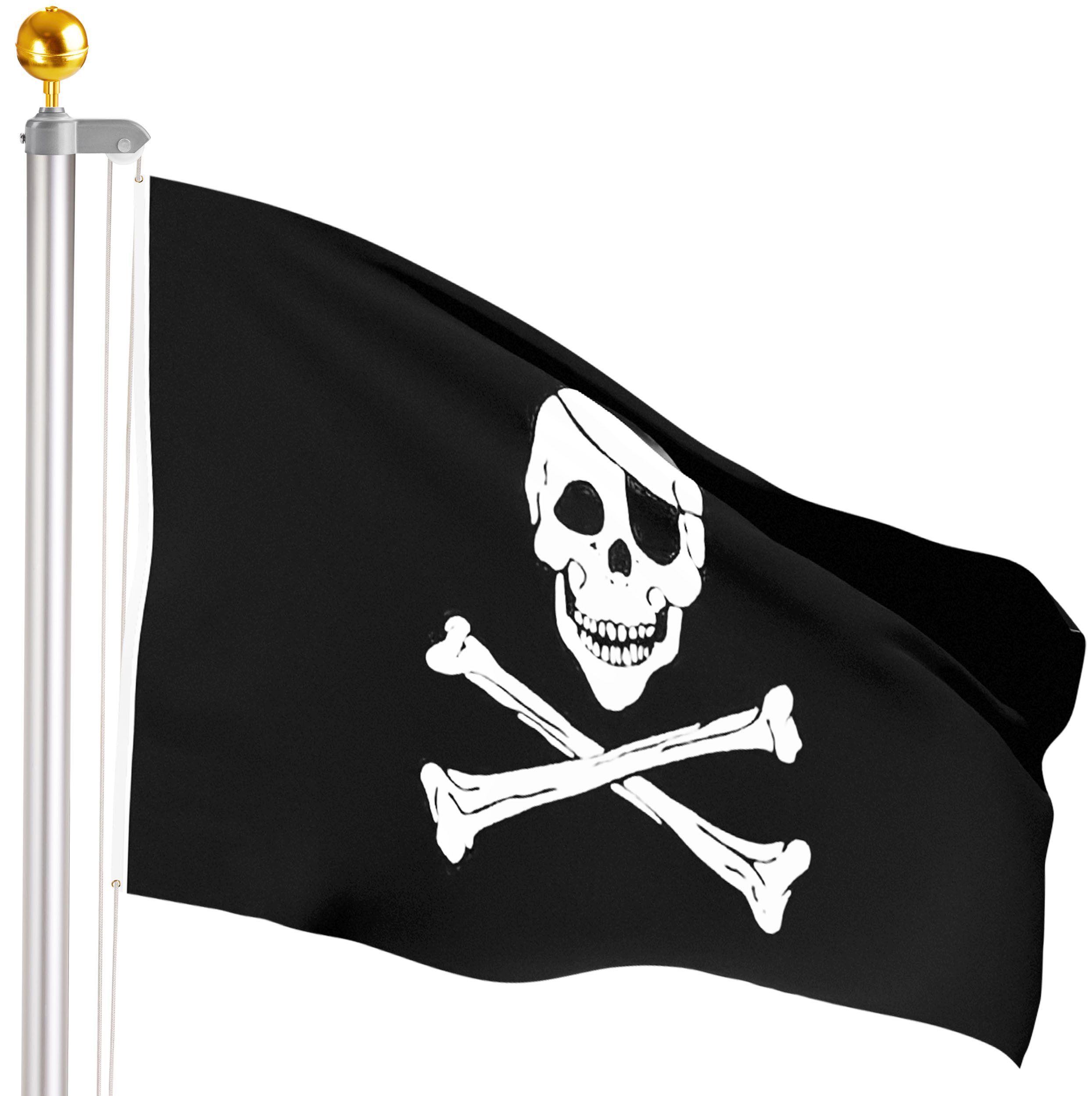 BRUBAKER Fahnenmast Fahnenmast inkl. Piratenflagge und Kugelspitze Gold, (Aluminium Flaggenmast mit Erdhülse für Garten und Camping), + Totenkopf Flagge 150 x 90 cm