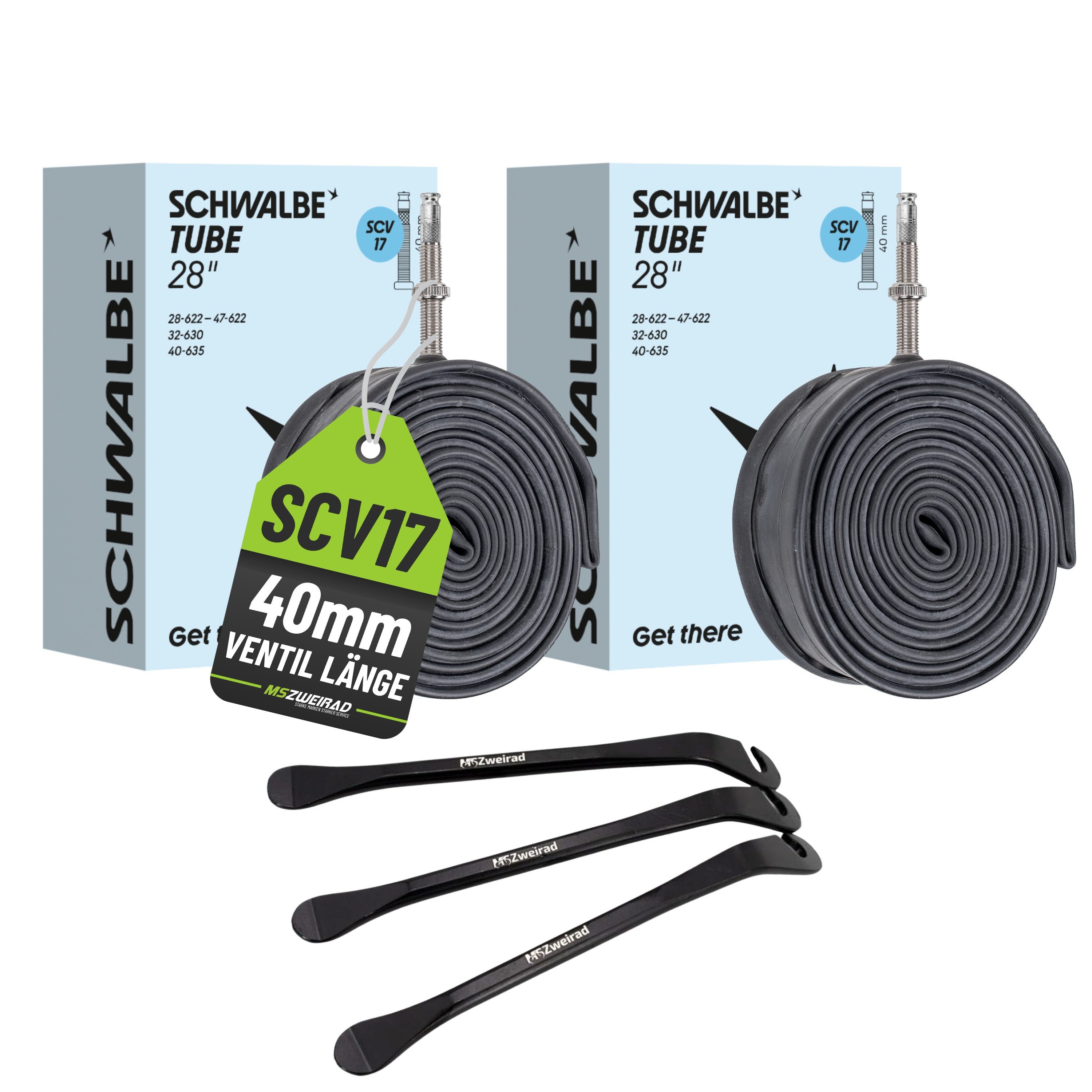 MSZweirad Fahrradschlauch 2er Set Schwalbe Schlauch SCV17 28/47-622/635 40mm + Reifenheber
