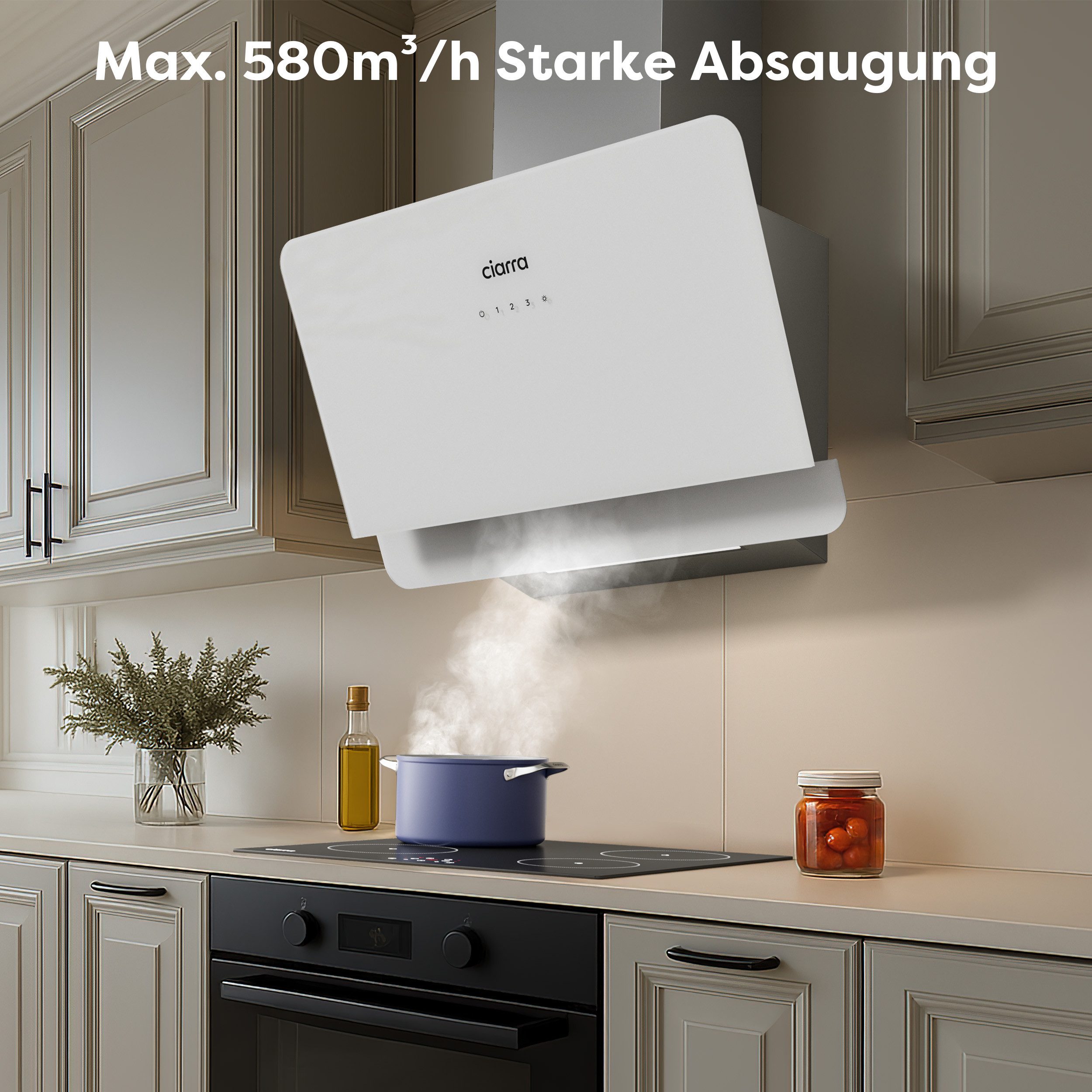 CIARRA Kopffreihaube 60 cm A+ 580 m³/h Schräghaube leise Umluft & Abluft 3 Stufen VM6765CS 60 cm A+ 580 m³/h Schräghaube leise Umluft & Abluft 3 Stufen VM6765CS, Kopffrei Dunstabzugshaube aus Edelstahl mit 2*Kohlefilter SensorTouch