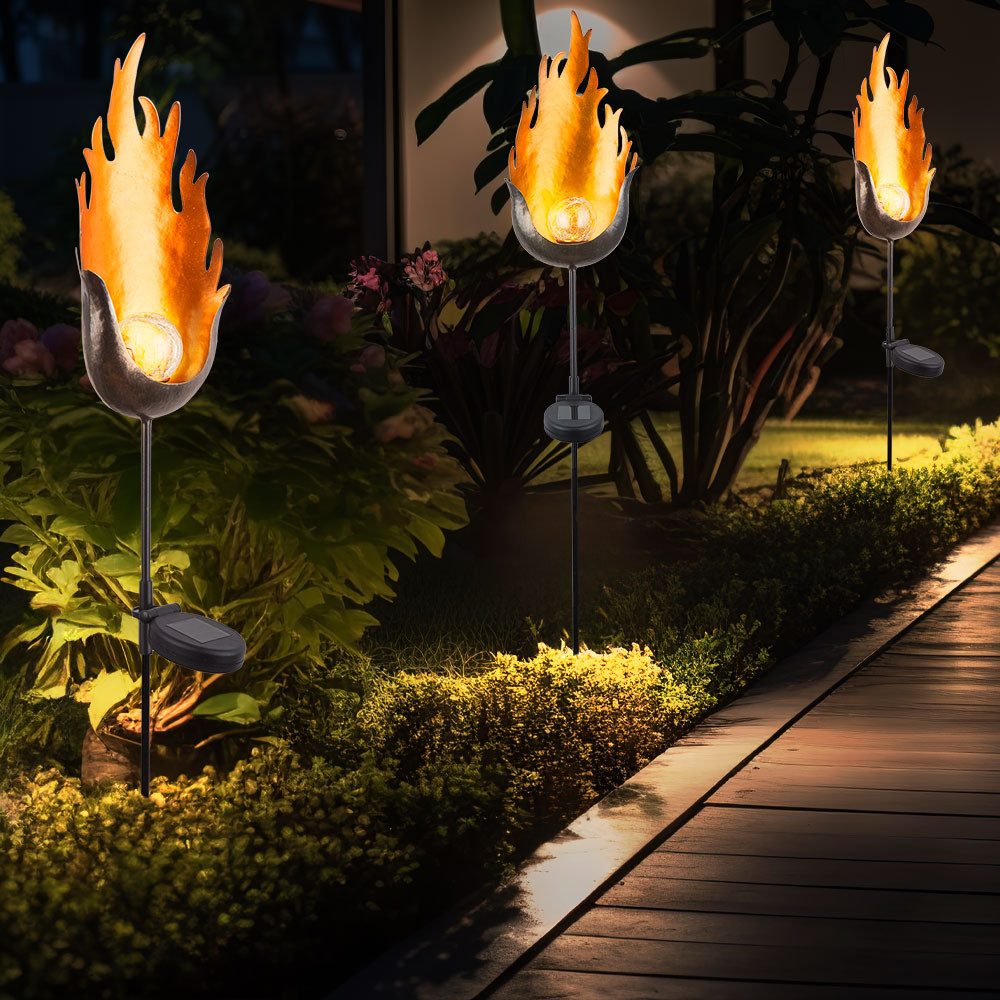 etc-shop Gartenleuchte, LED-Leuchtmittel fest verbaut, Warmweiß, 3er Set LED Solar Außen Steck Leuchten Balkon Glas Kugel Лампи Feuer