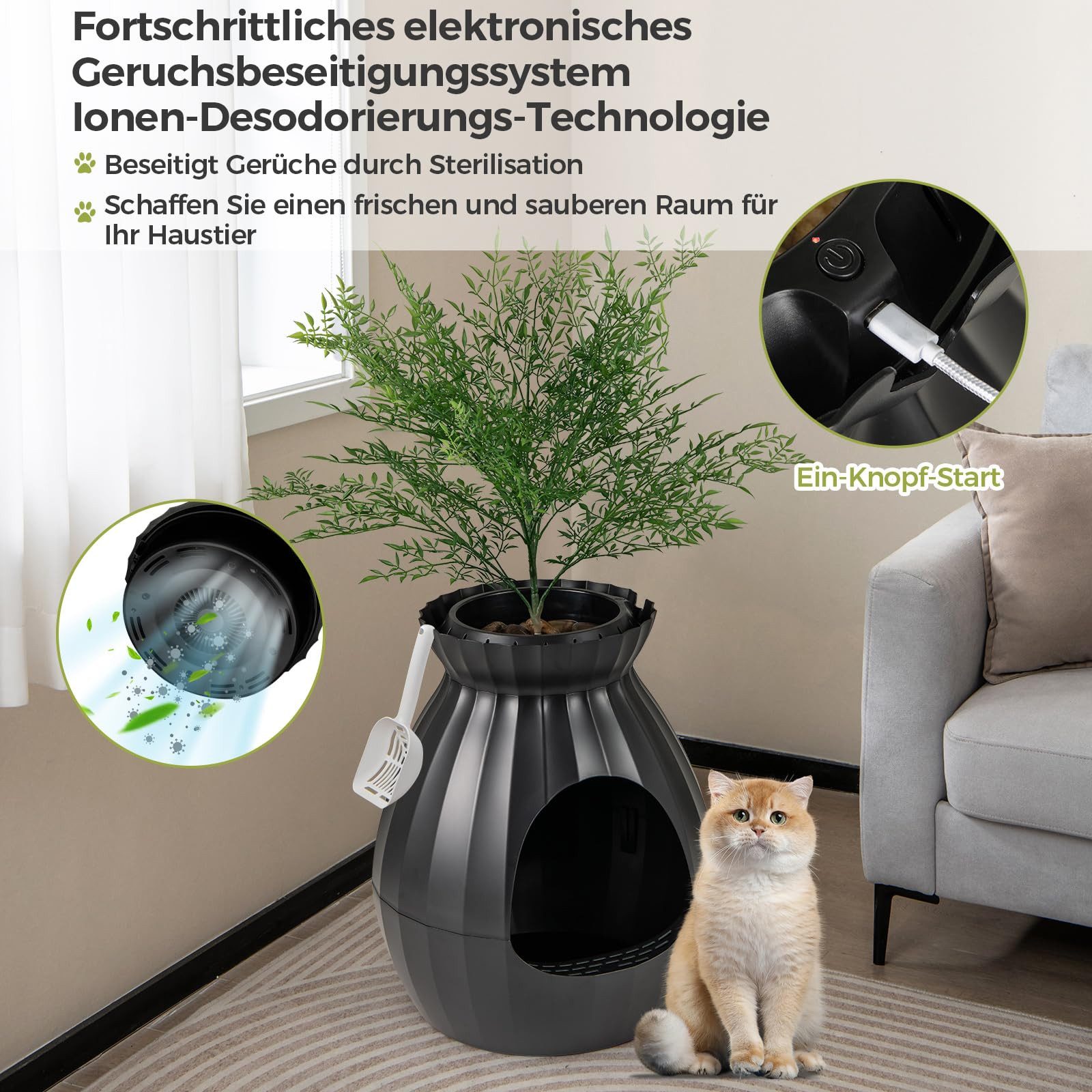 COSTWAY Katzentoilette, 63L Katzenklo, intelligente Geruchsentfernung & Sterilisation
