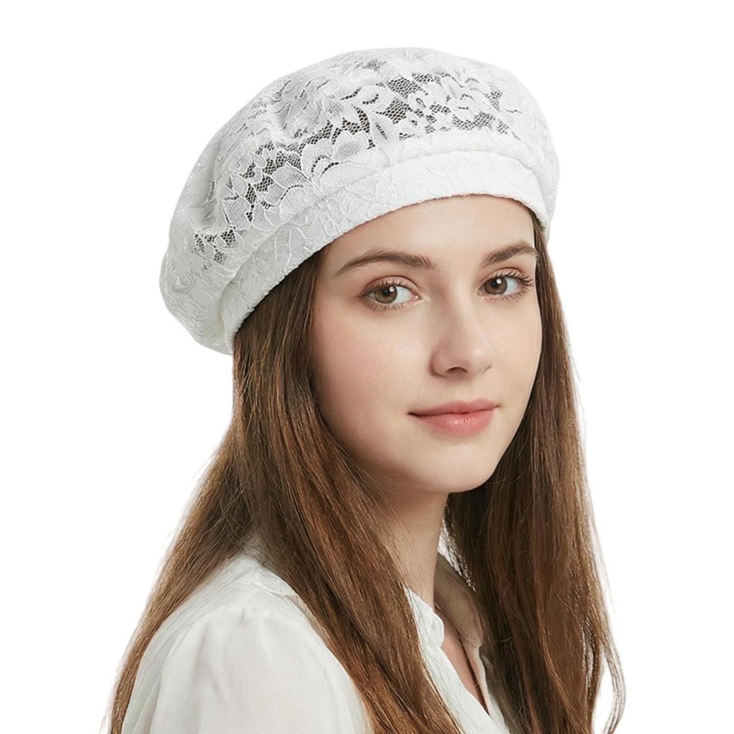 LuxusKollektion Baskenmütze Baskenmütze Damen Spitze atmungsaktiv Beret Einheitsgröße Weiß