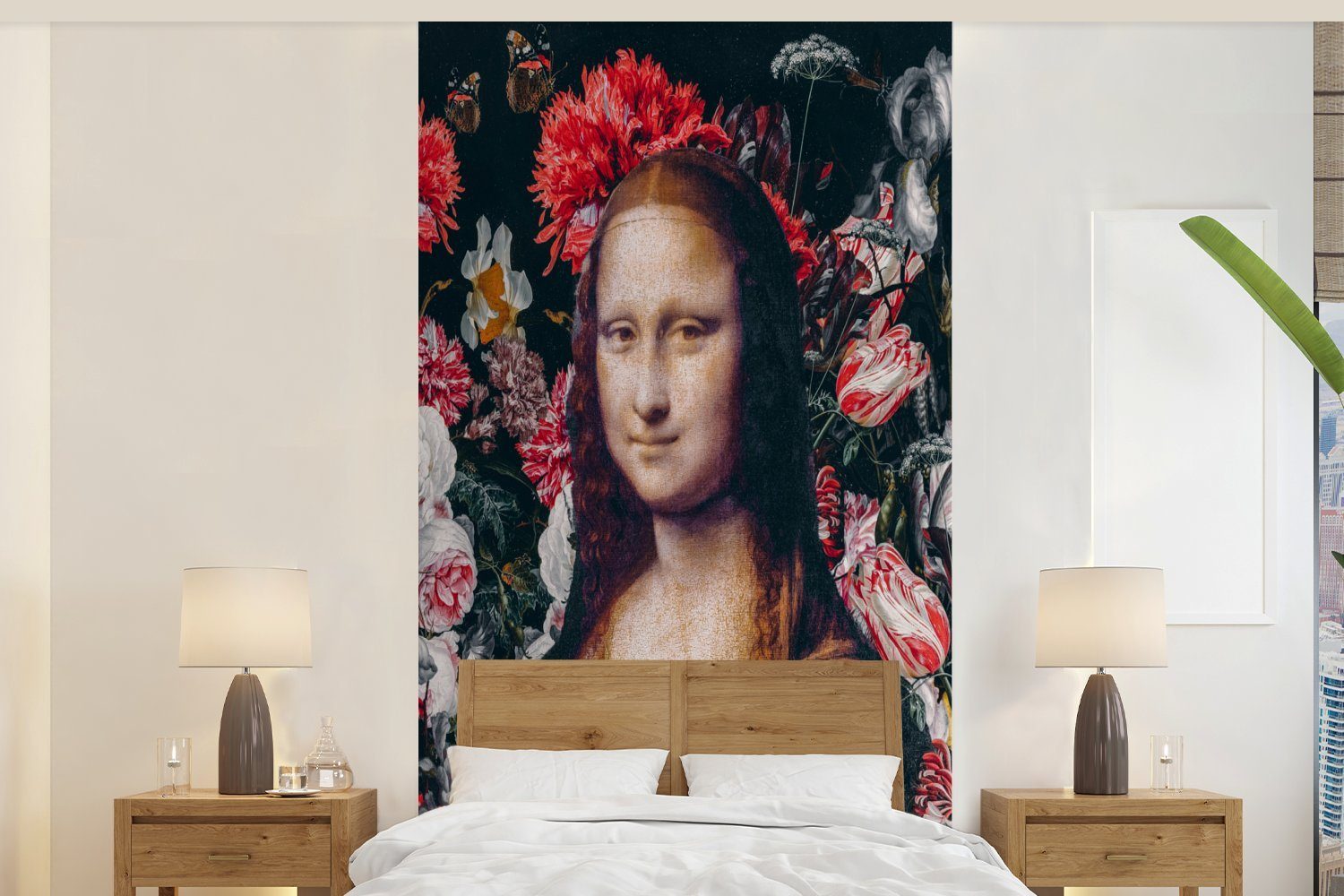 MuchoWow Fototapete Mona Lisa - Blumen - Da Vinci, Matt, bedruckt, (2 St), Vliestapete für Wohnzimmer Schlafzimmer Küche, Fototapete