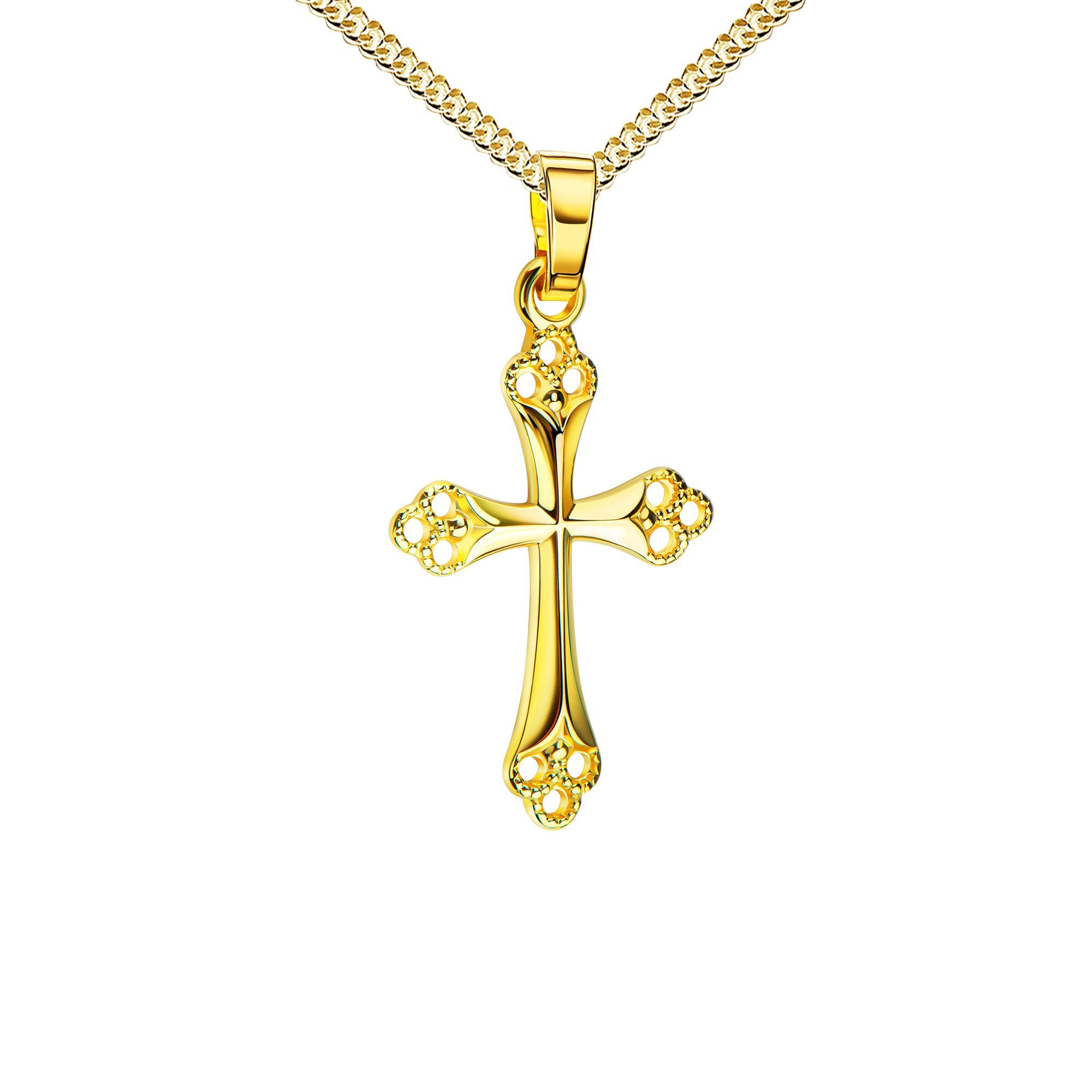 JEVELION Kreuzkette Kreuz Anhänger 585 Gold - Made in Germany (Goldkreuz, für Damen), Mit Panzerkette vergoldet- Länge wählbar 36 - 70 cm.