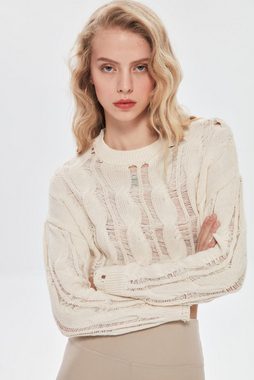 QUZU Strickpullover Cropped Kurzer Pullover Zopfmuster Beige Oversize (1tlg)