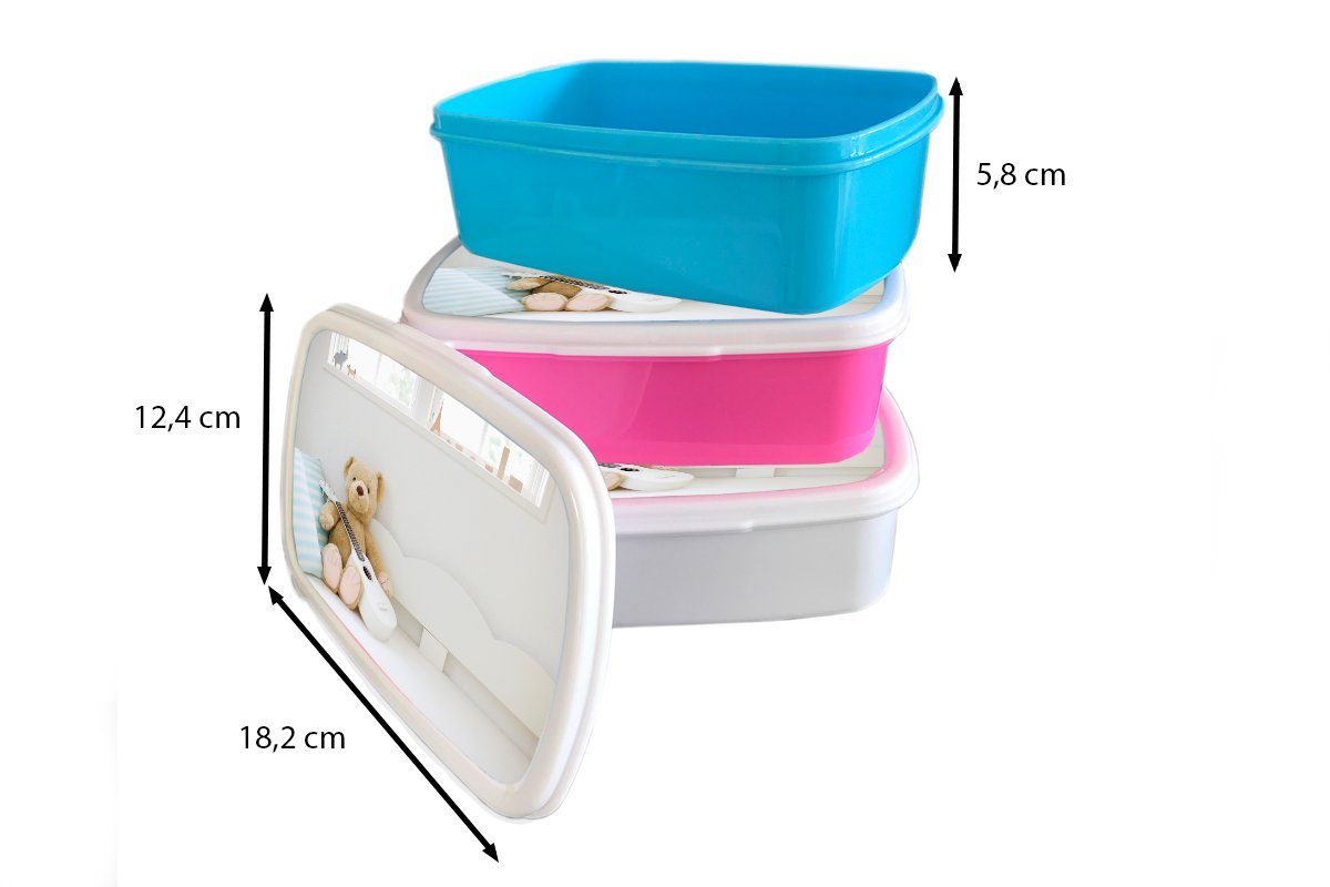 MuchoWow Lunchbox Brotbox Snackbox, Bär Kinder, (2-tlg), Ein rosa Mädchen, Erwachsene, im Kinderzimmer, dem für Bett Kunststoff, Kunststoff Brotdose auf