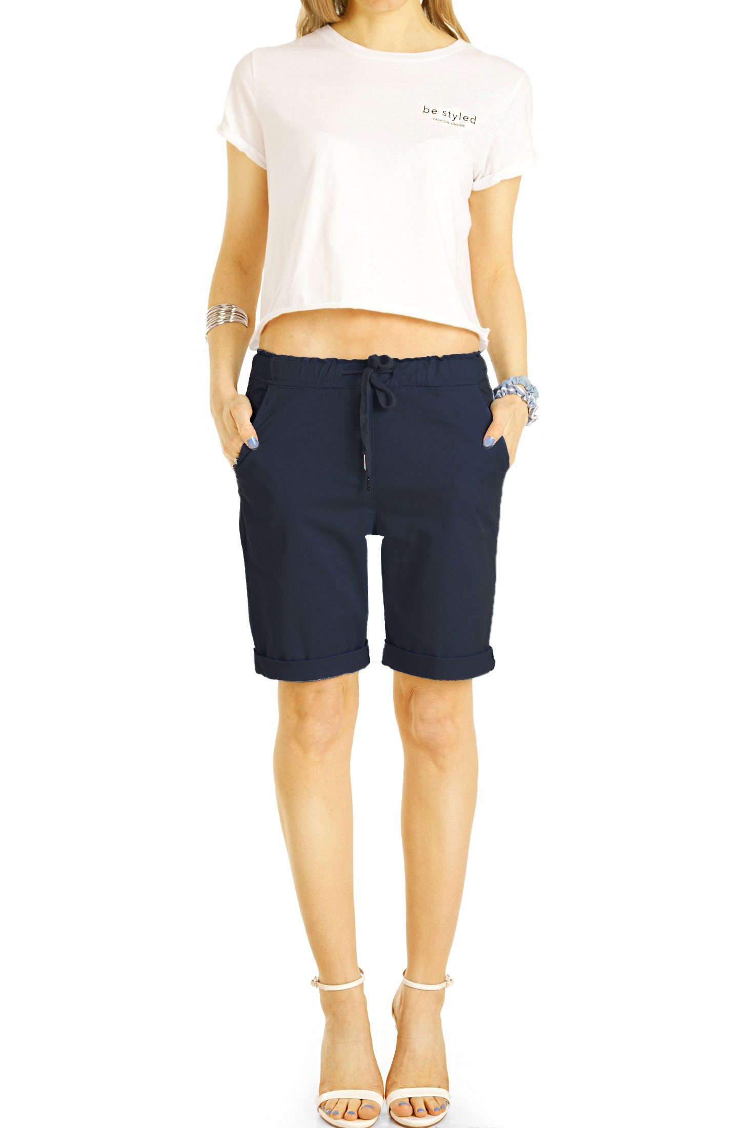 be Bund lockere Shorts - styled Stoff h28a Shorts mit elastischem hellblau Kordelzug Hosen Kurze in Unifarben, Chino mit Damen mit Kordelzug, - -