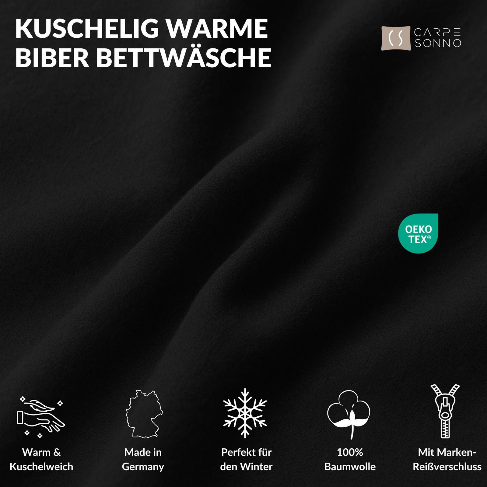 Carpe Sonno Bettwäsche Warme Biber Bettwäsche 135x200 155x220 - 100% Baumwolle Winter Flanell, Biber, 3 teilig, Feinbiber Bettbezug Bettwaren kuschelig weich uni Schwarz 200x220