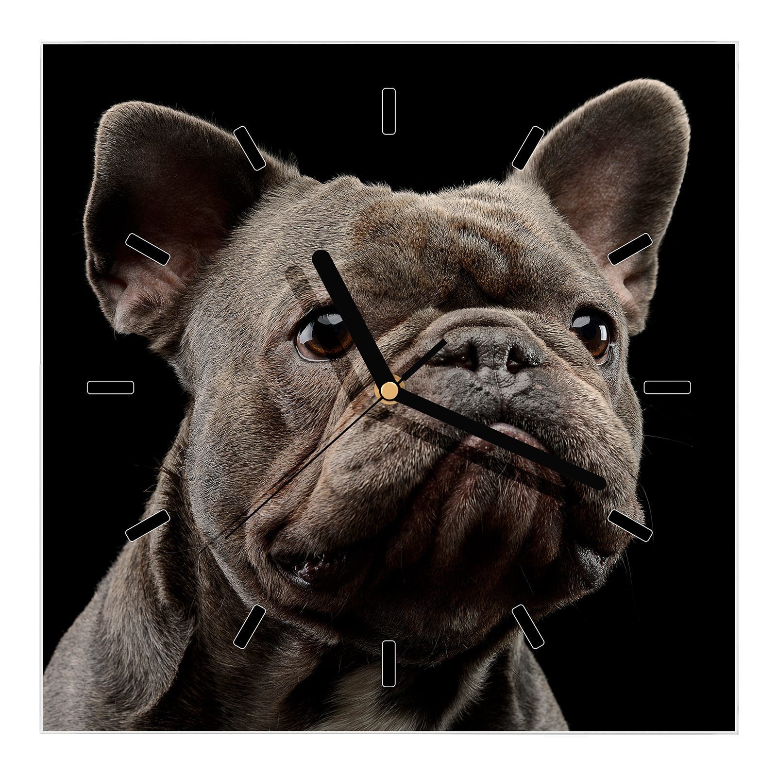 Primedeco Wanduhr Glasuhr Wanduhr Wandkunst Größe 30 x 30 cm mit Motiv Portrait Bulldogge