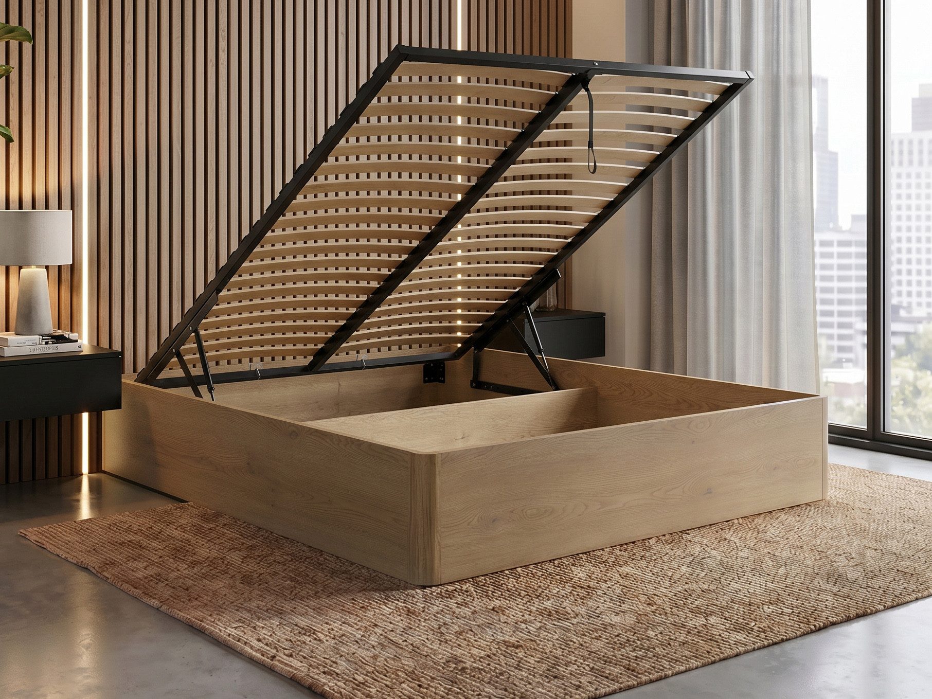 Beautysofa Bett SARA mit Bettkasten, Metallrahmen und Gasdruckfedern (Erhältlich in 3 Breiten: 140, 160 oder 180 cm, Dekor Eiche Cremona, stabile 22 mm Möbelplatte), mit oder ohne Matratze